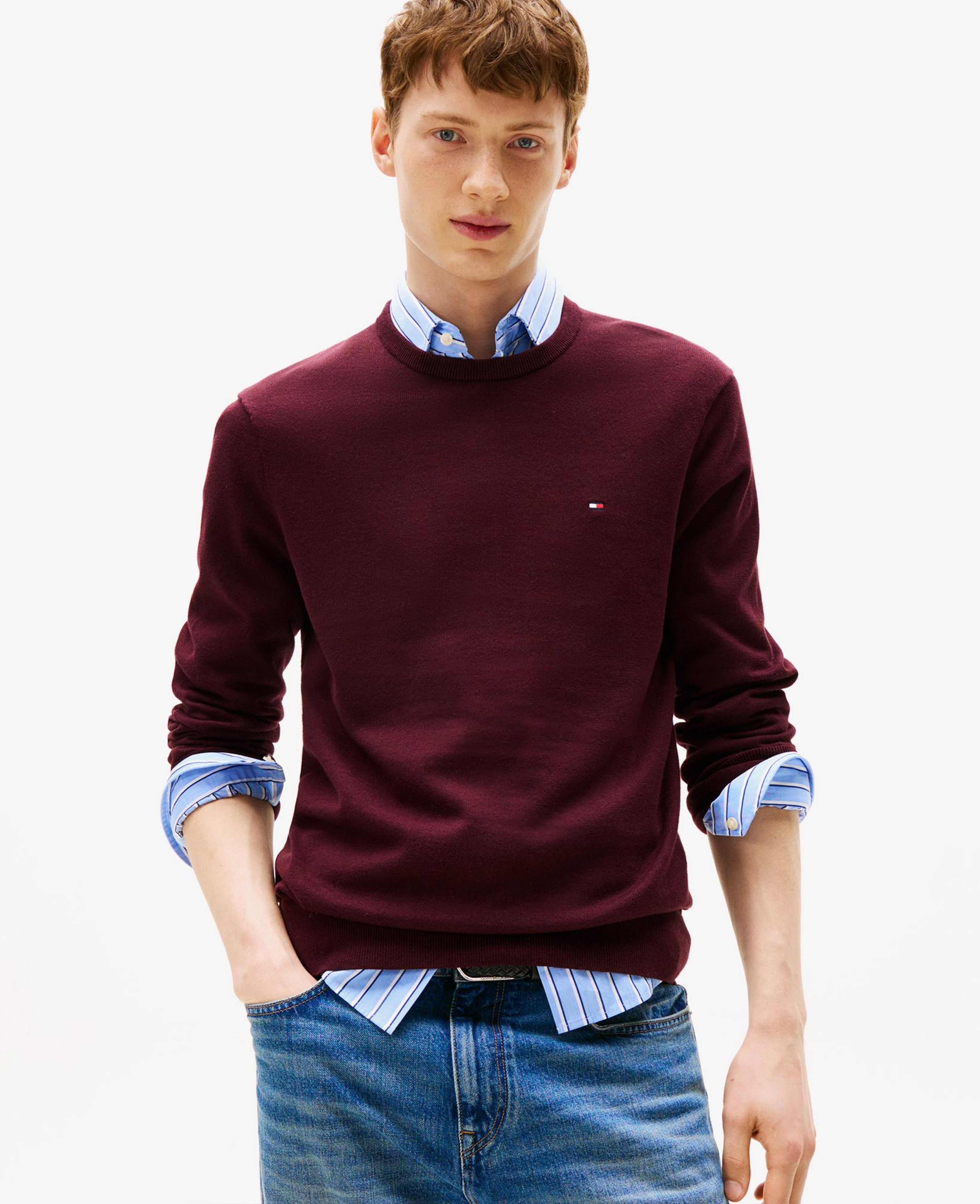 Tommy Hilfiger Essential Cotton Yuvarlak Yaka Erkek Bordo Kazak