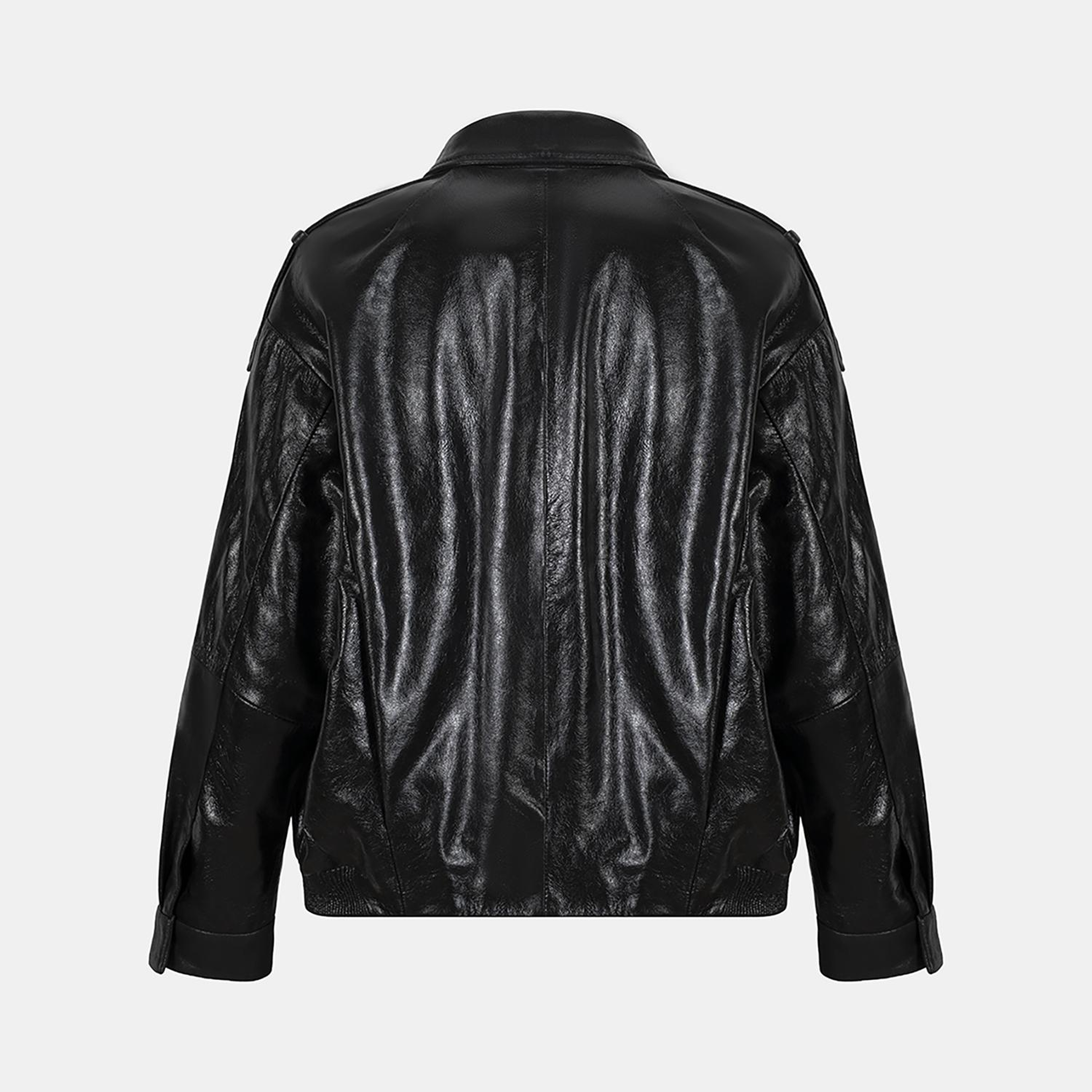 Kadın Siyah Gömlek Yakalı Deri Bomber Ceket