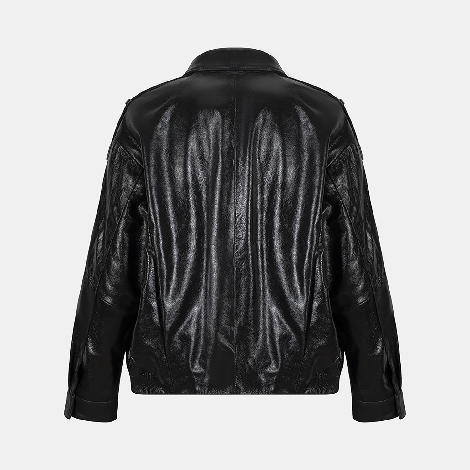 Kadın Siyah Gömlek Yakalı Deri Bomber Ceket