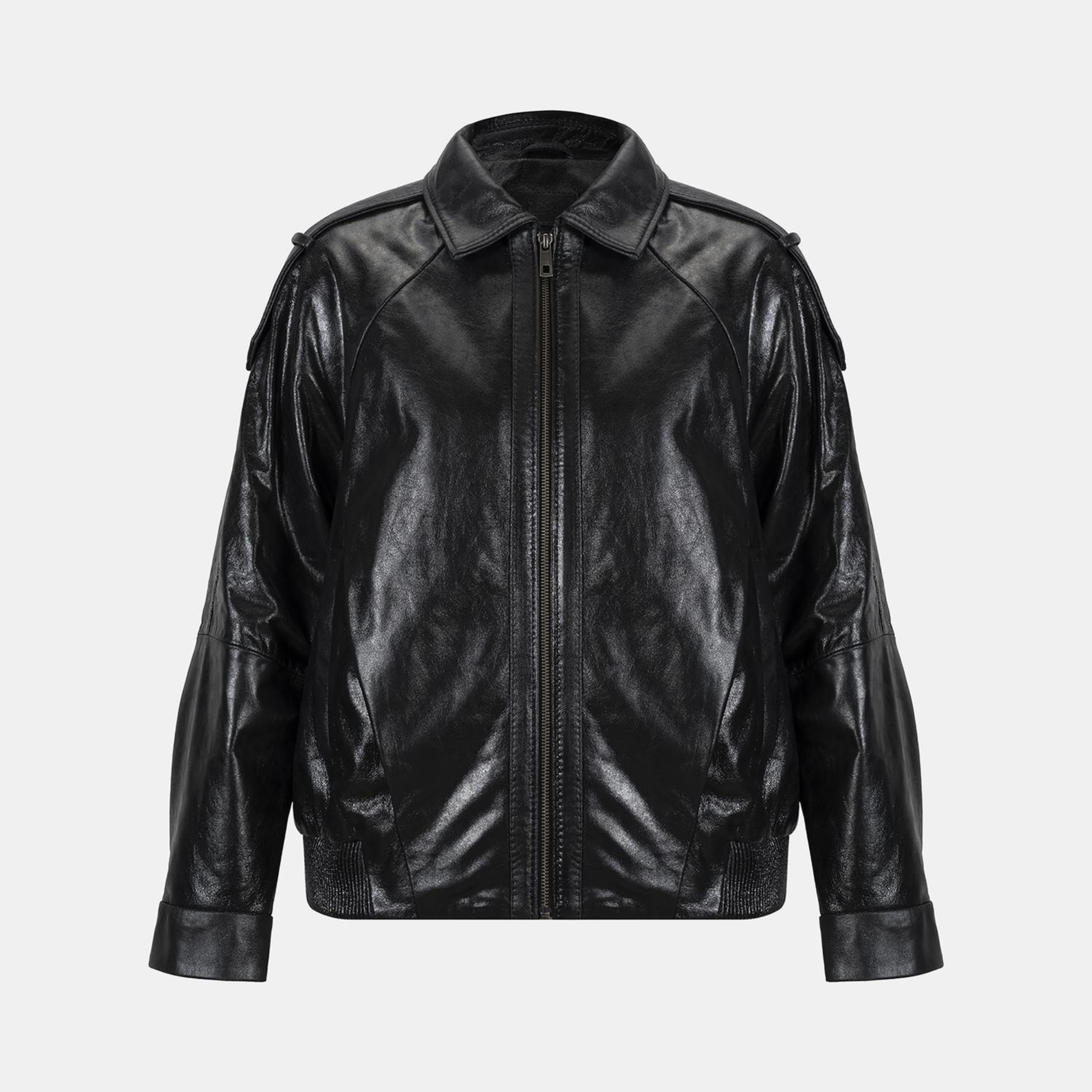 Kadın Siyah Gömlek Yakalı Deri Bomber Ceket