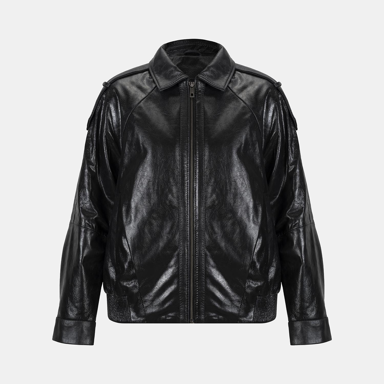 Kadın Siyah Gömlek Yakalı Deri Bomber Ceket