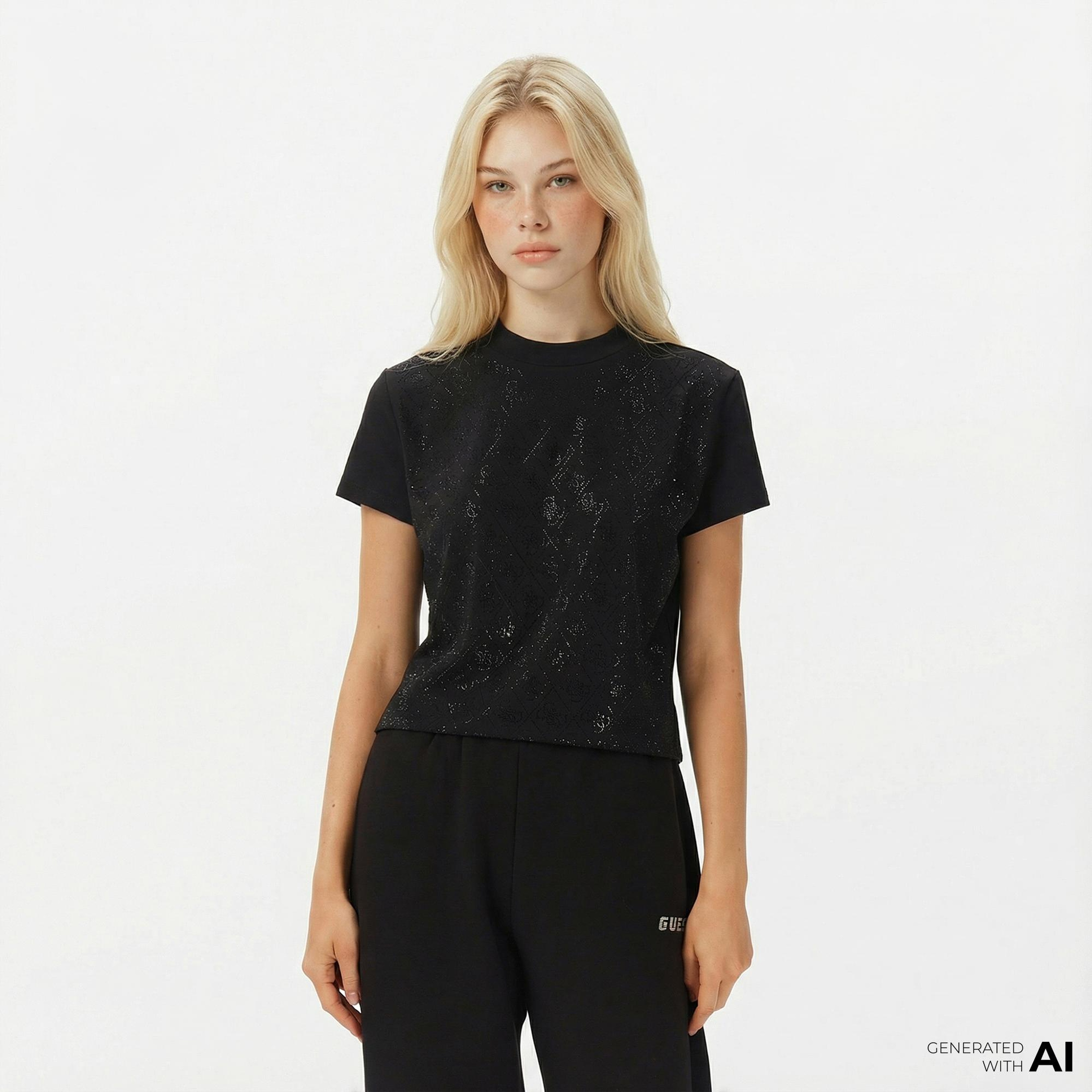 Guess Mock Slim Fit Kadın Siyah T-Shirt