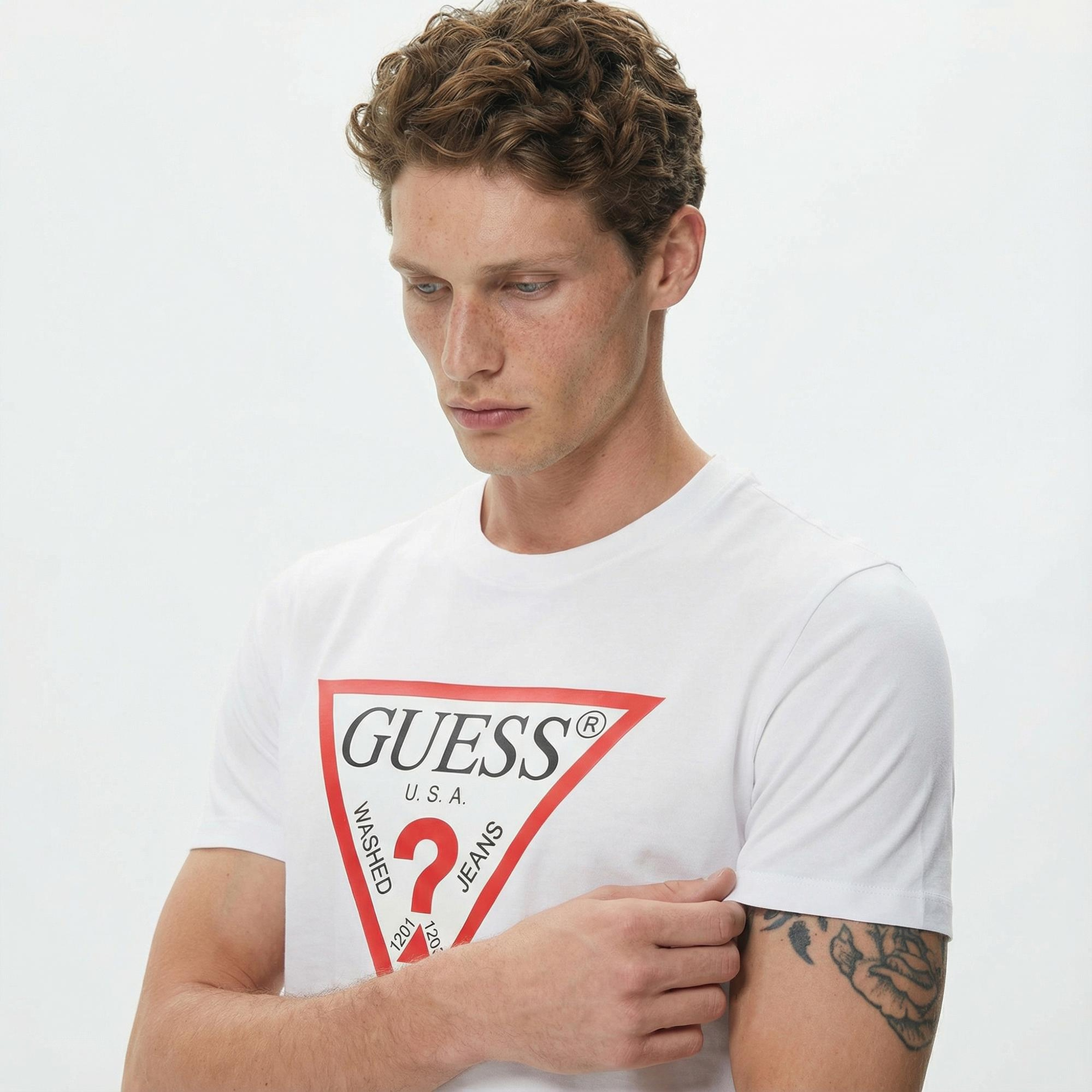Guess Original Logo Mid Organic Stream Jersey Erkek Beyaz T-Shirt