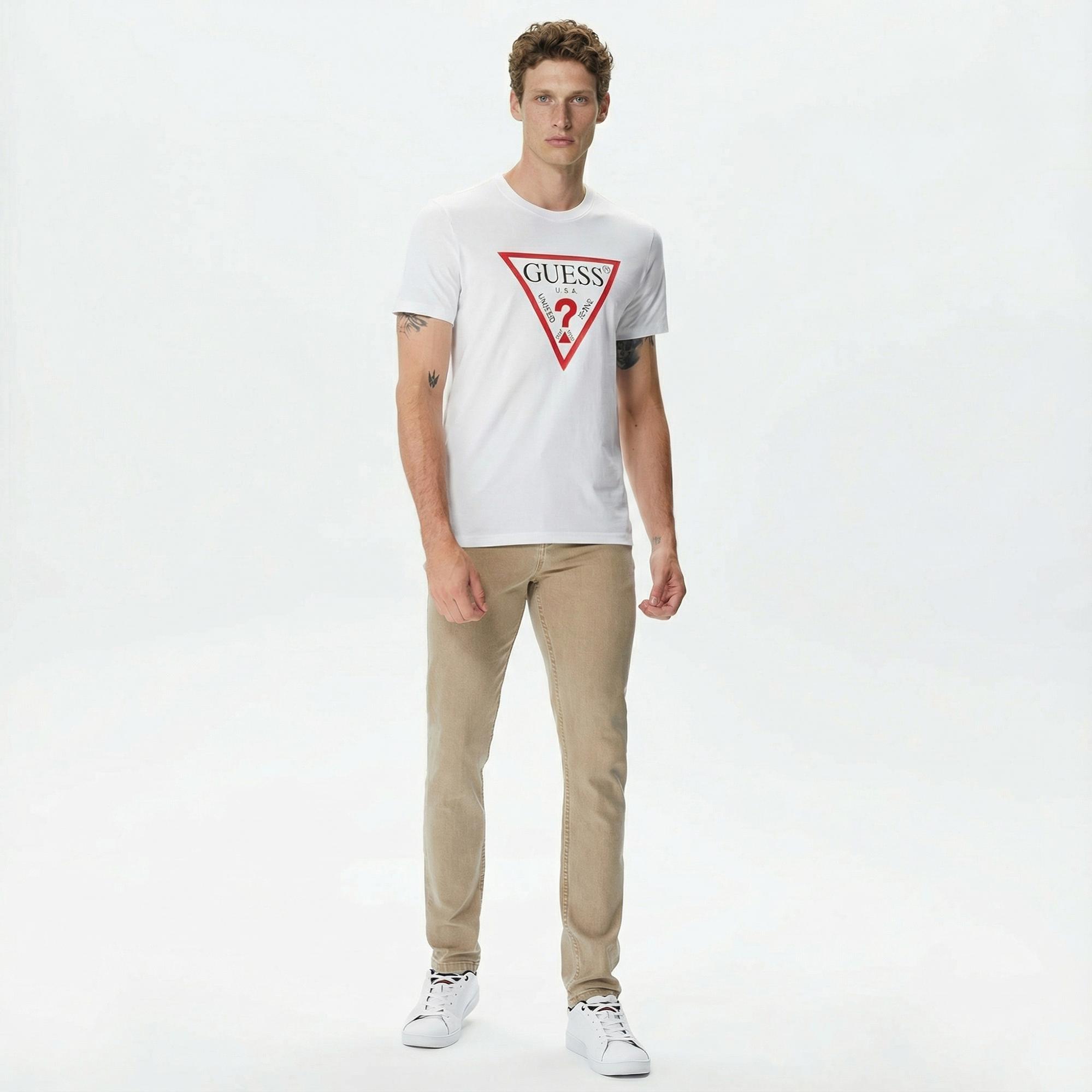 Guess Original Logo Mid Organic Stream Jersey Erkek Beyaz T-Shirt