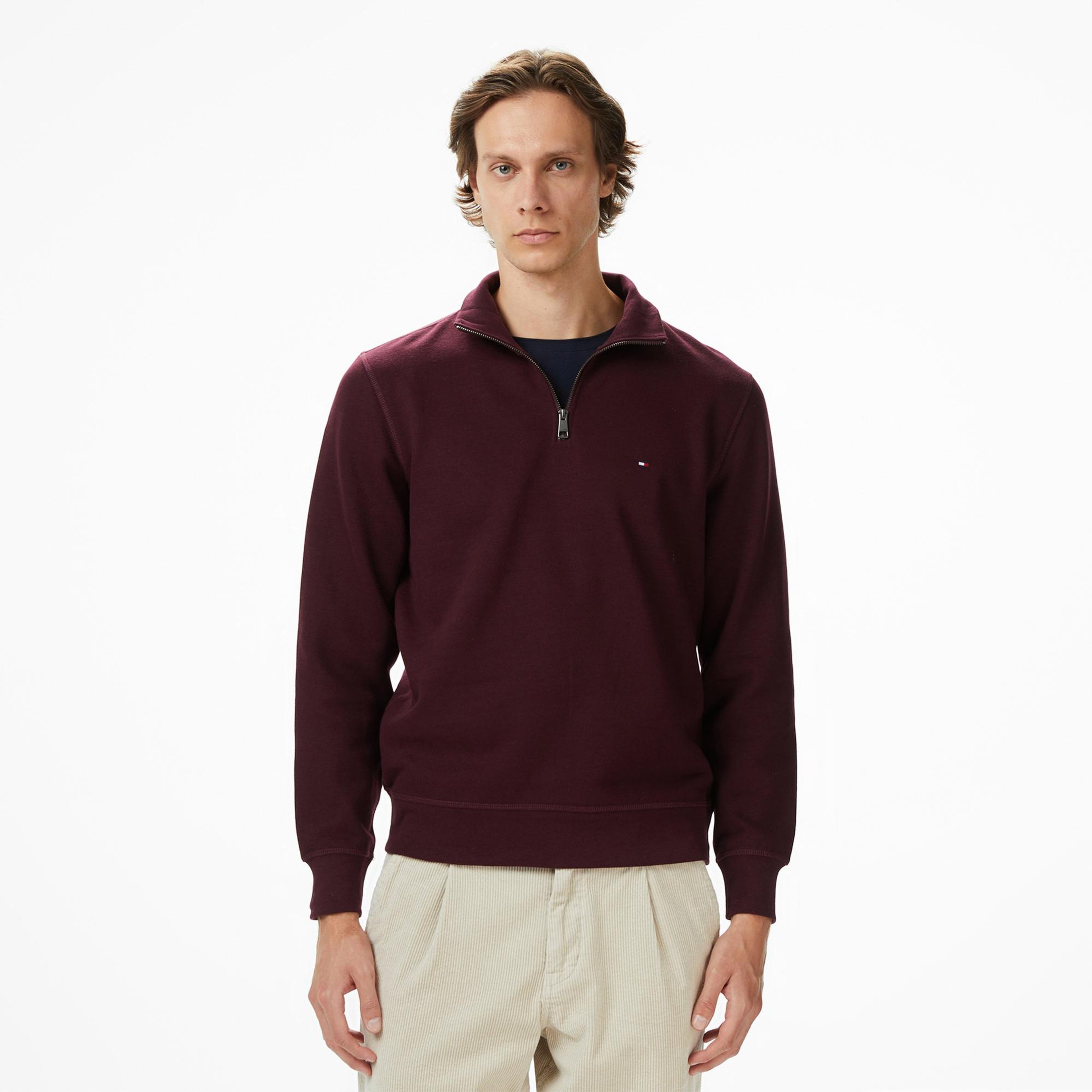 Tommy Hilfiger Essential Fleece 1/4 Erkek Yarım Fermuarlı Bordo Sweatshirt
