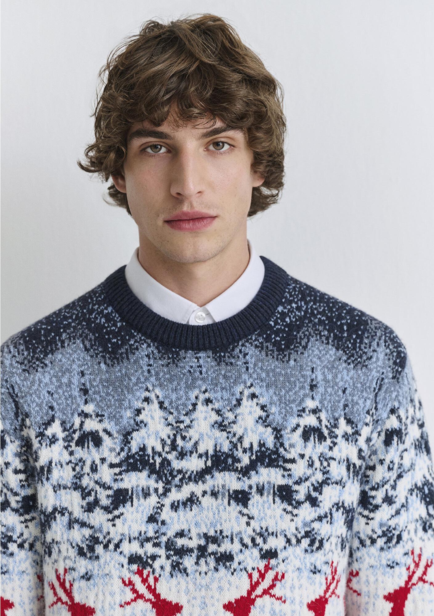 Mavi Yılbaşı Temalı Lacivert Kazak Regular Fit / Normal Kesim 0710407-70490