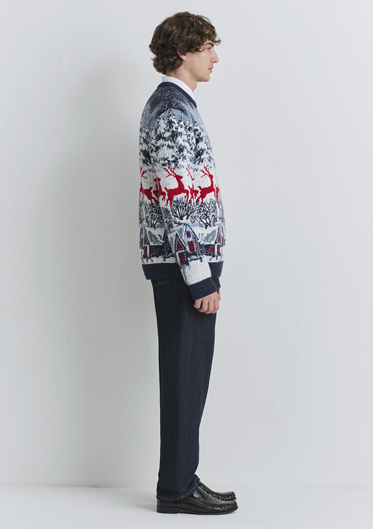 Mavi Yılbaşı Temalı Lacivert Kazak Regular Fit / Normal Kesim 0710407-70490