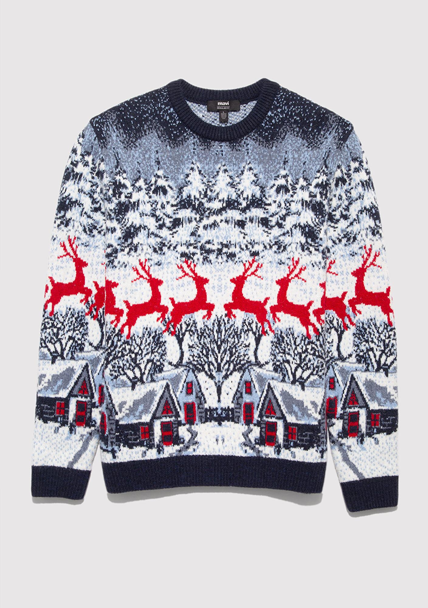 Mavi Yılbaşı Temalı Lacivert Kazak Regular Fit / Normal Kesim 0710407-70490