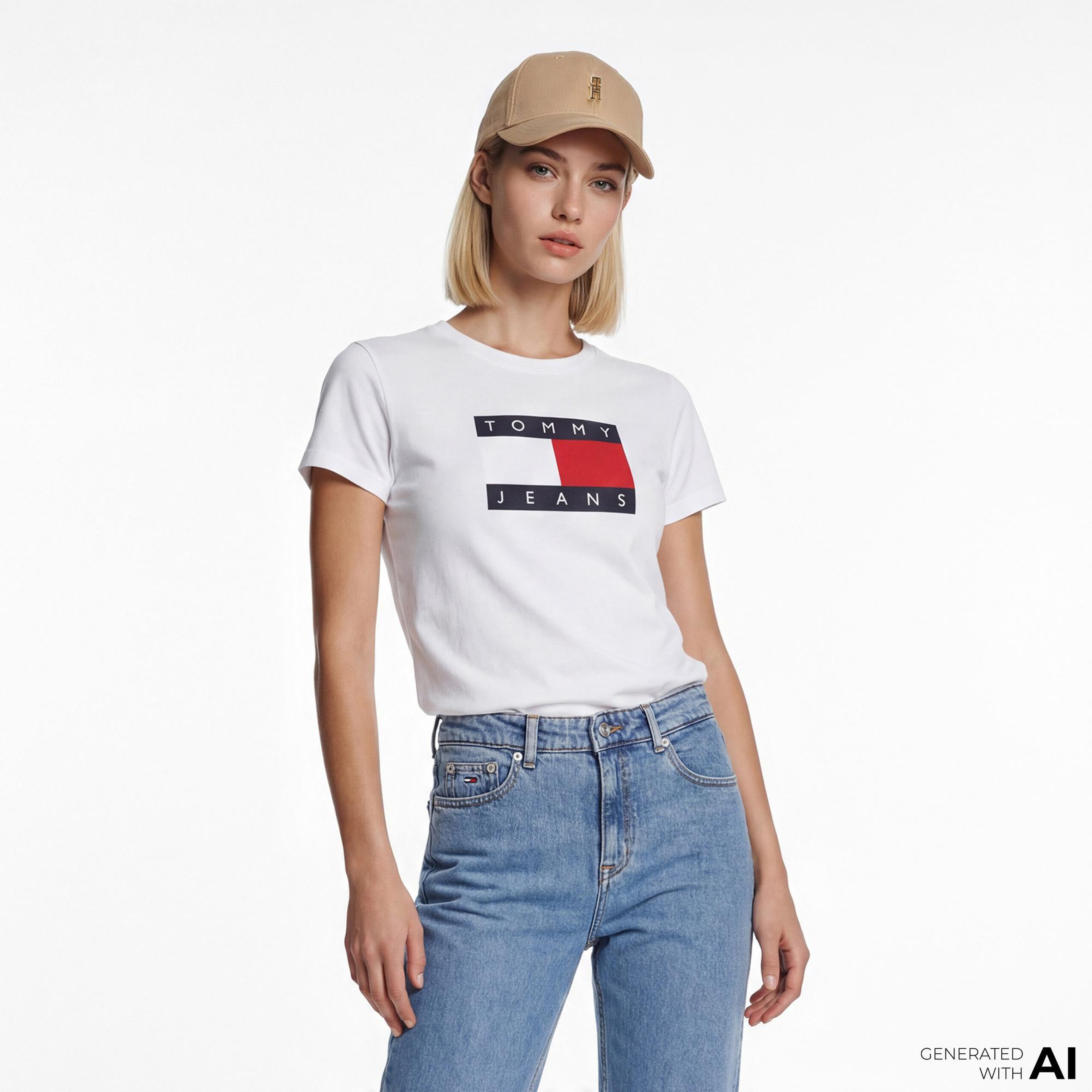 Tommy Hilfiger Flag Kadın Beyaz T-Shirt