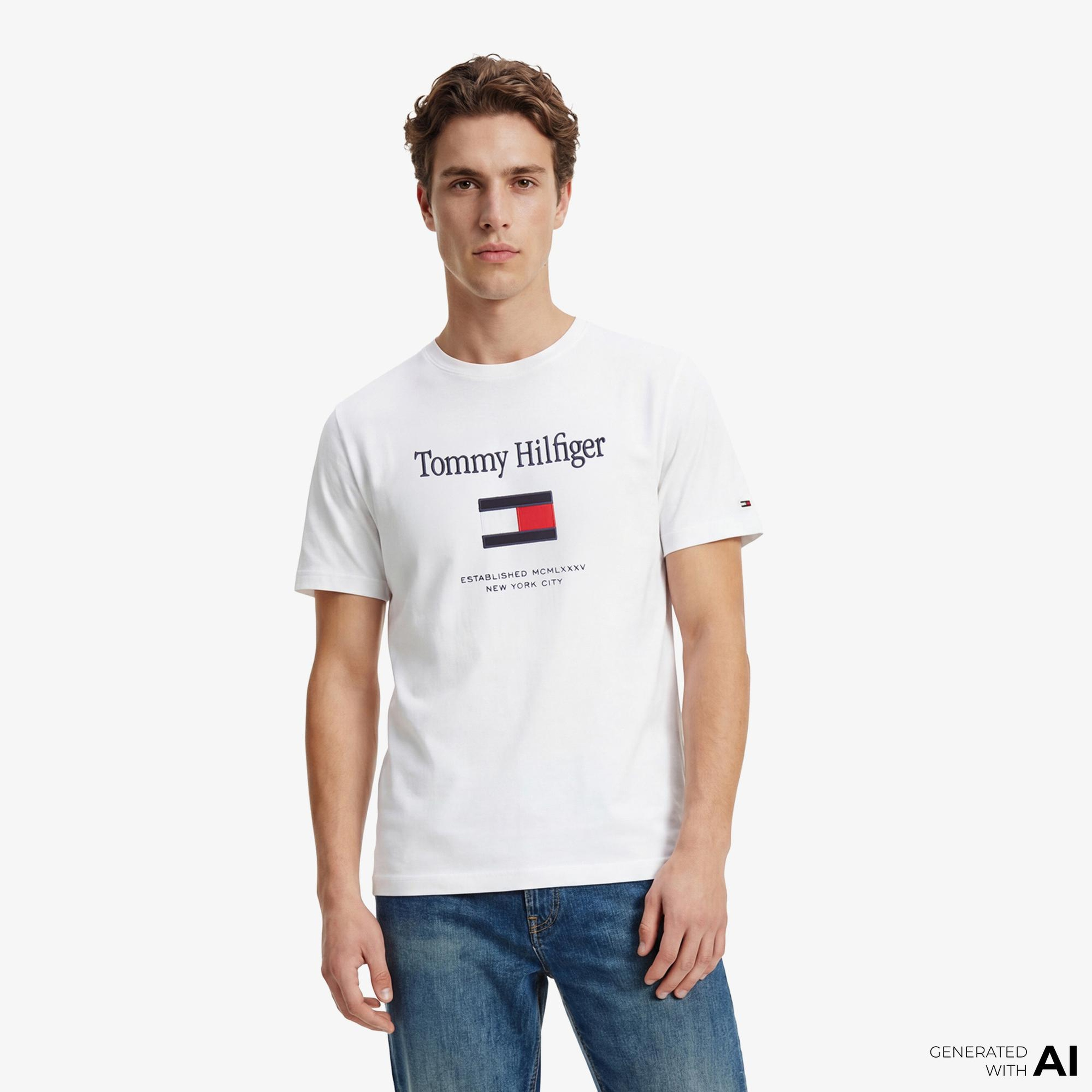 Tommy Hilfiger Abo Embro Flag Erkek Beyaz T-Shirt