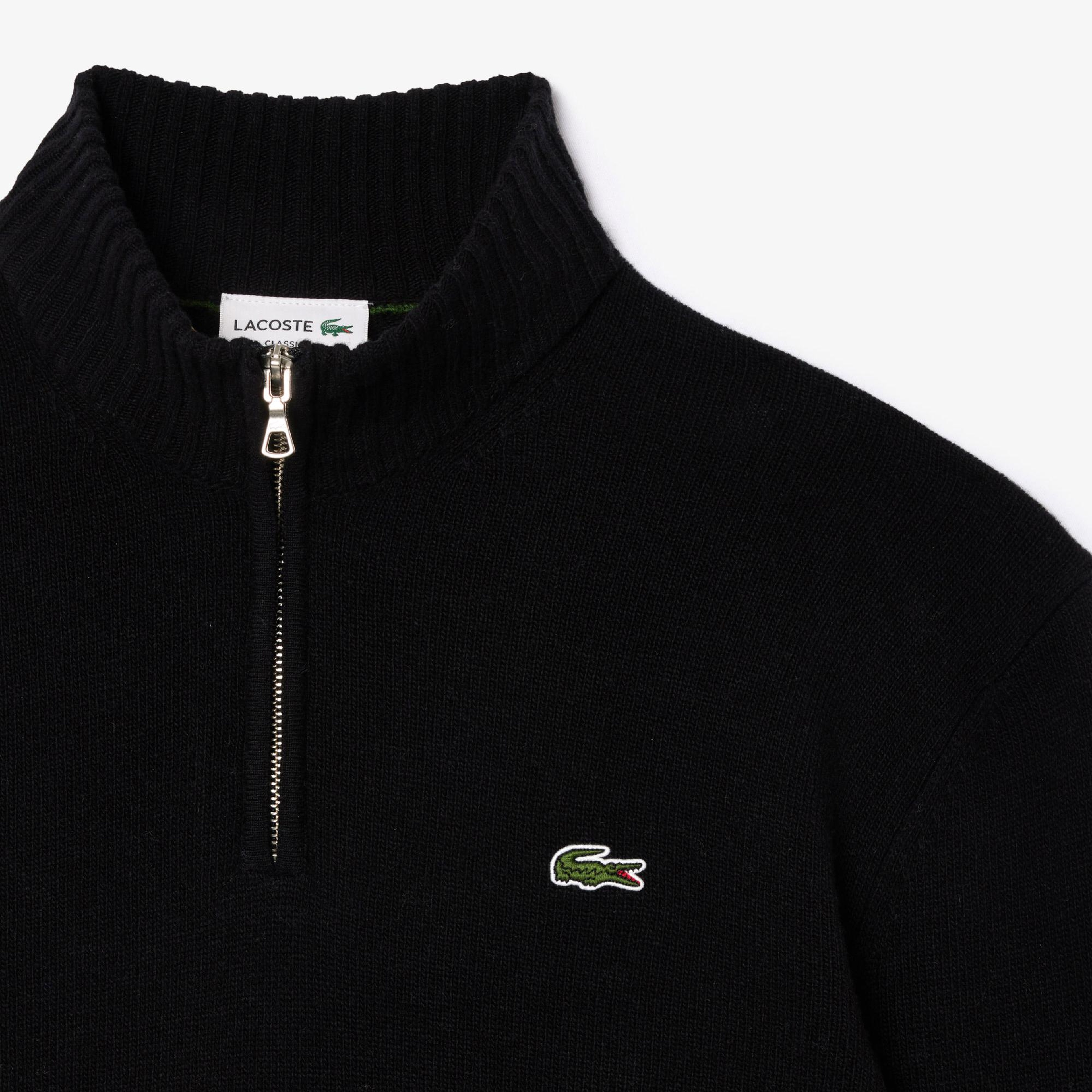 Lacoste Erkek Classic Fit Yarım Fermuarlı Yün Siyah Kazak
