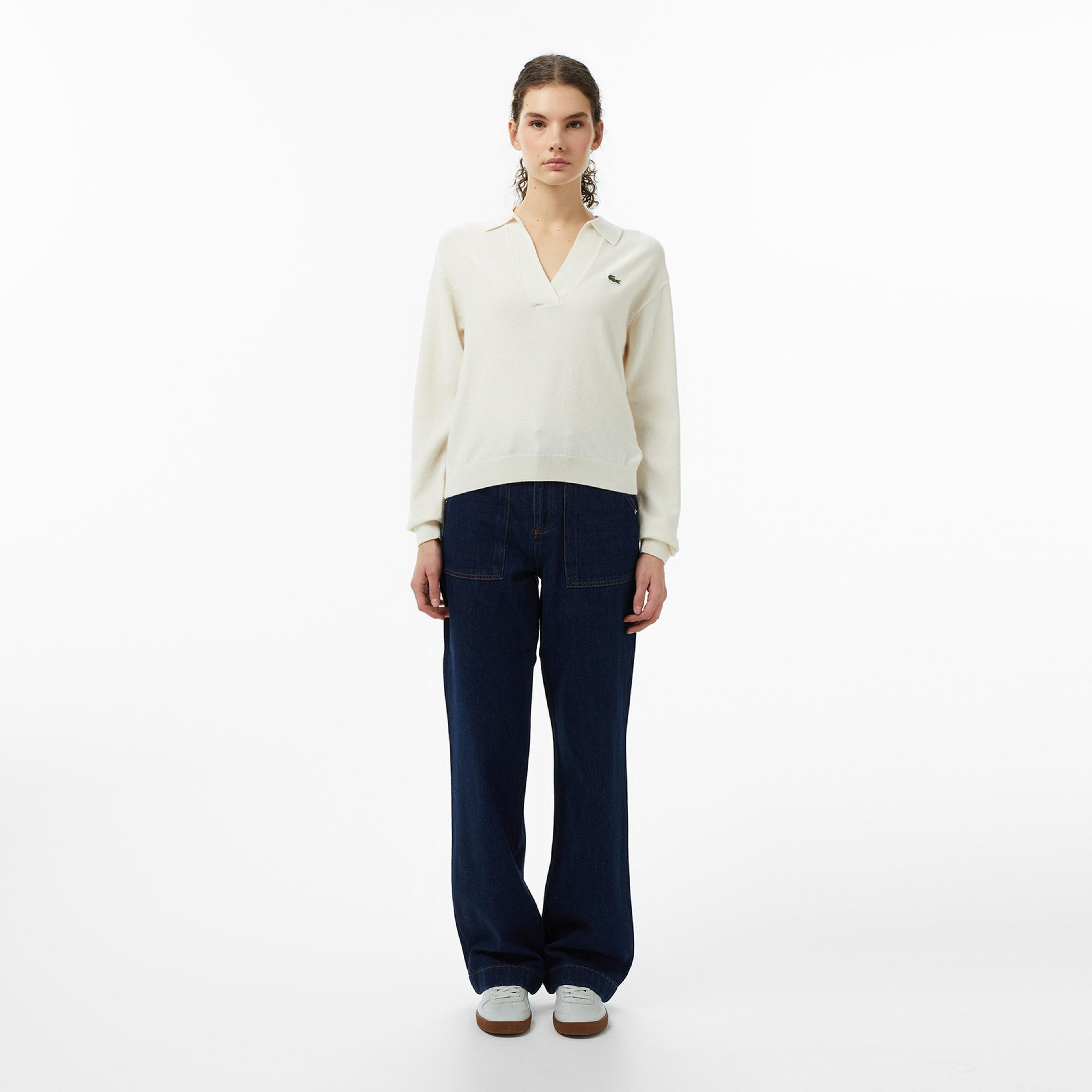 Lacoste Kadın Classic Fit Polo Yaka Krem Kazak