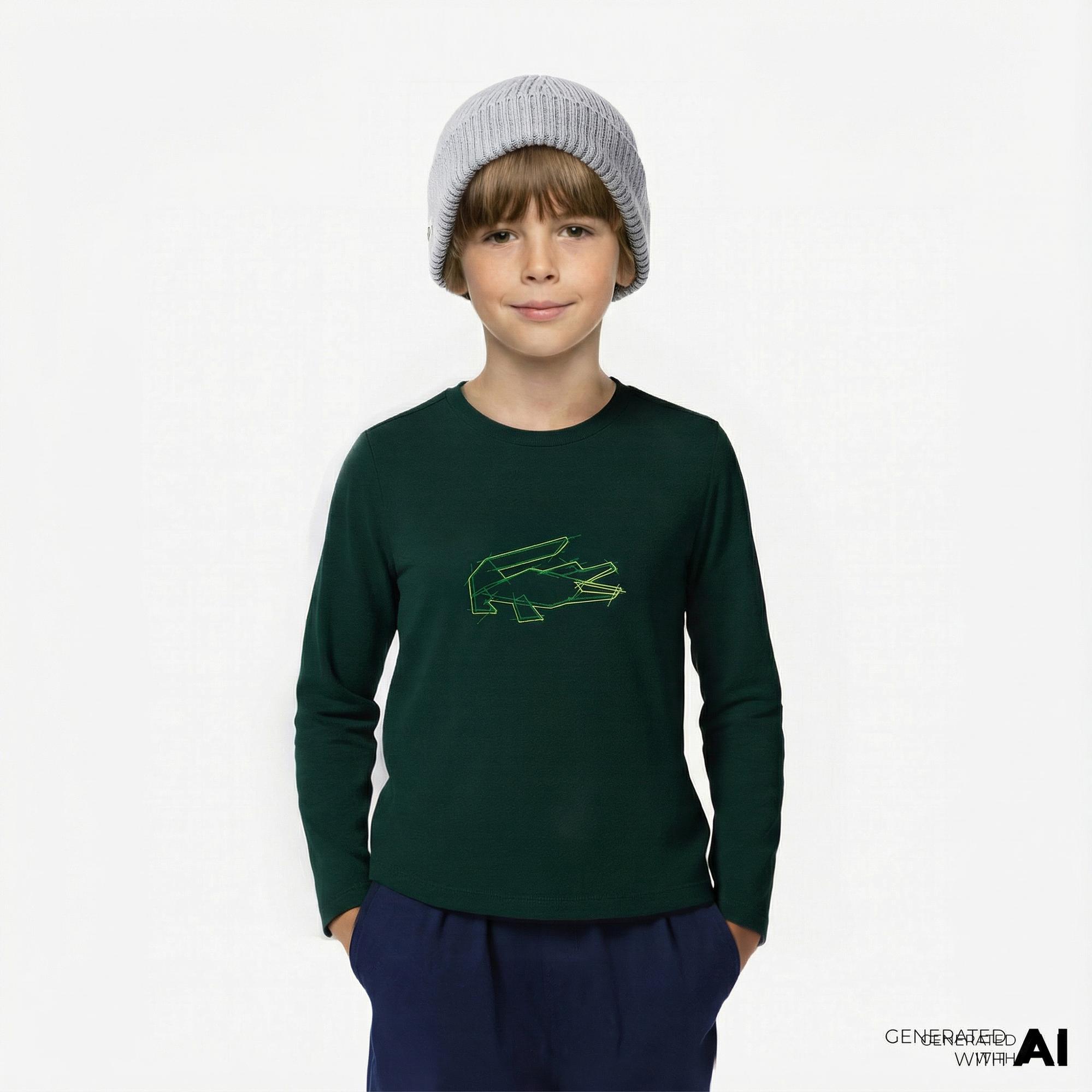 Lacoste Erkek Çocuk Uzun Kollu Bisiklet Yaka Baskılı Yeşil T-Shirt