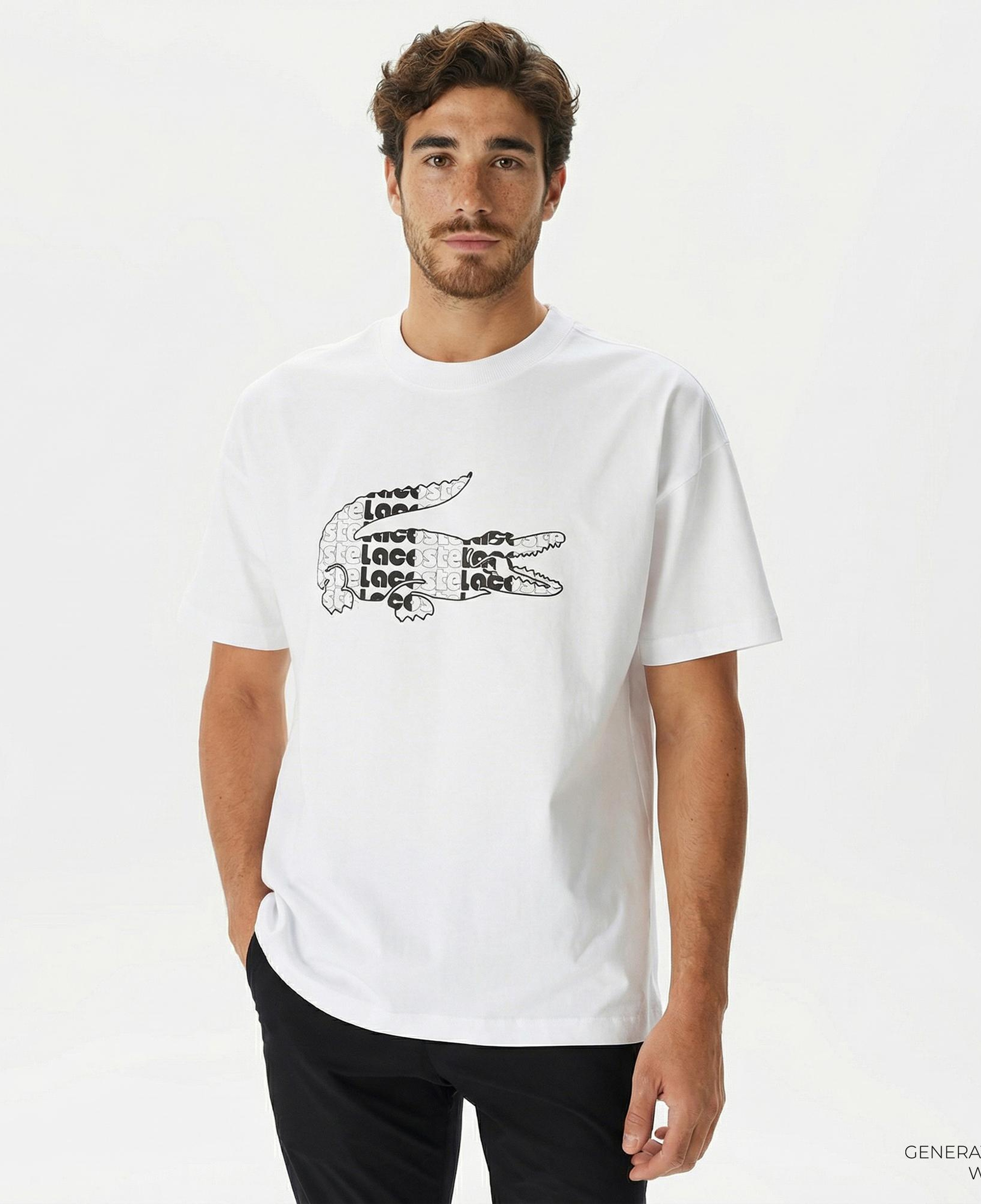 Lacoste Erkek Relaxed Fit Bisiklet Yaka Baskılı Beyaz T-Shirt