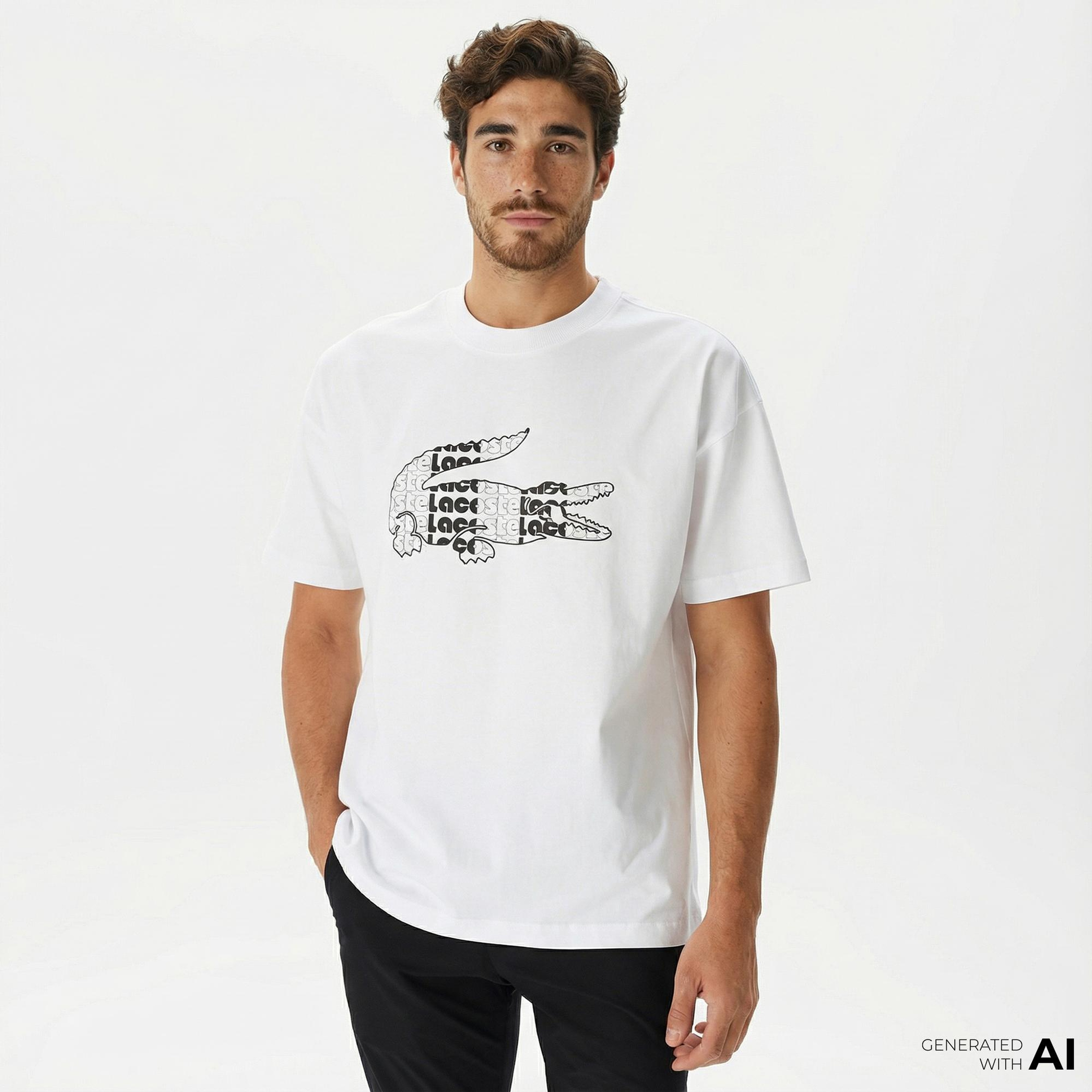 Lacoste Erkek Relaxed Fit Bisiklet Yaka Baskılı Beyaz T-Shirt