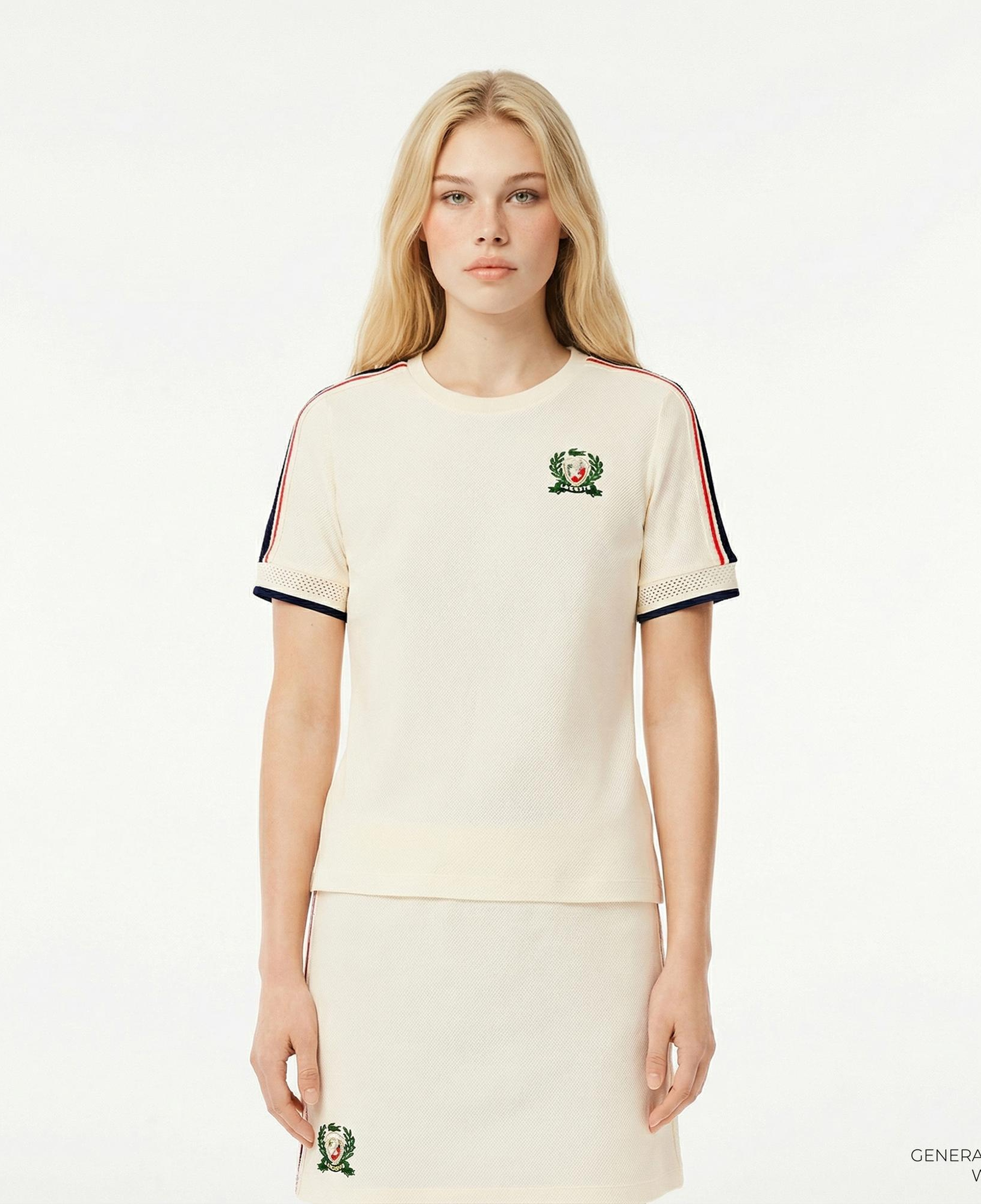 Lacoste Kadın Slim Fit Bisiklet Yaka Renk Bloklu Krem T-Shirt