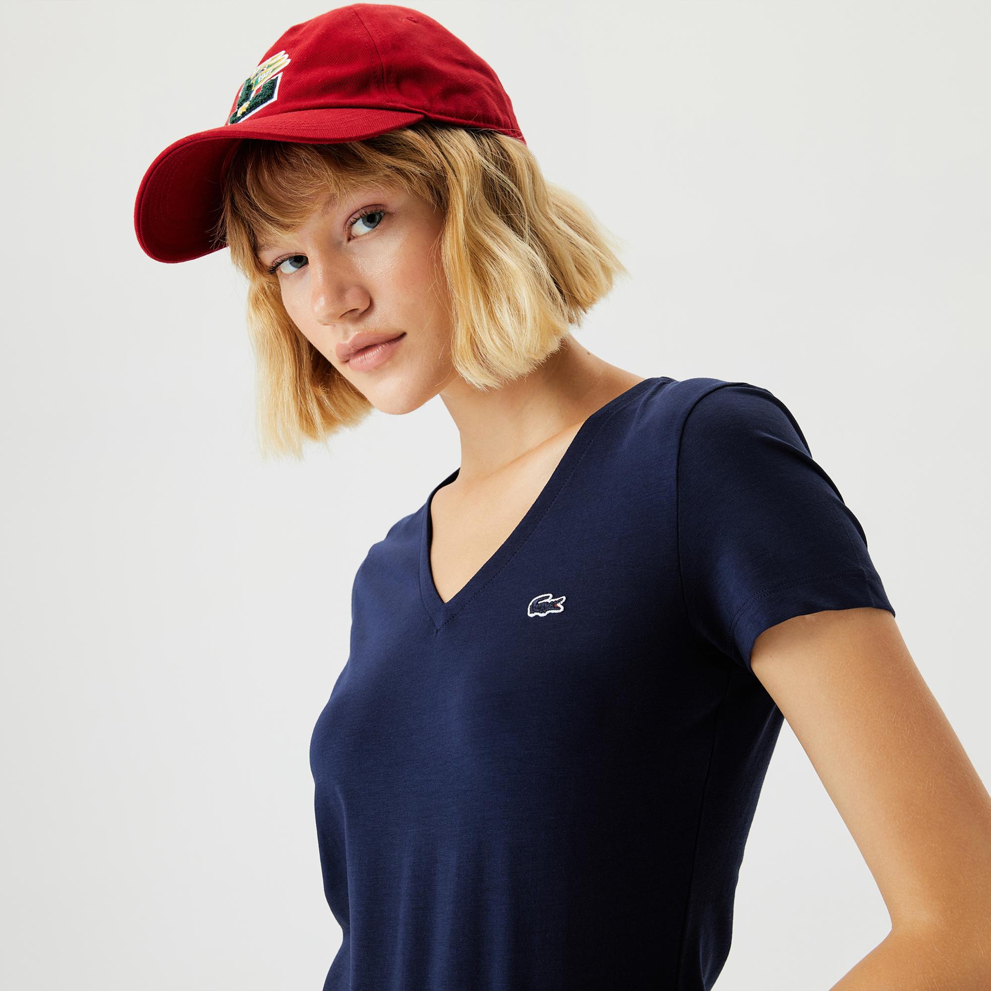 Lacoste Kadın Slim Fit V Yaka Lacivert T-Shirt