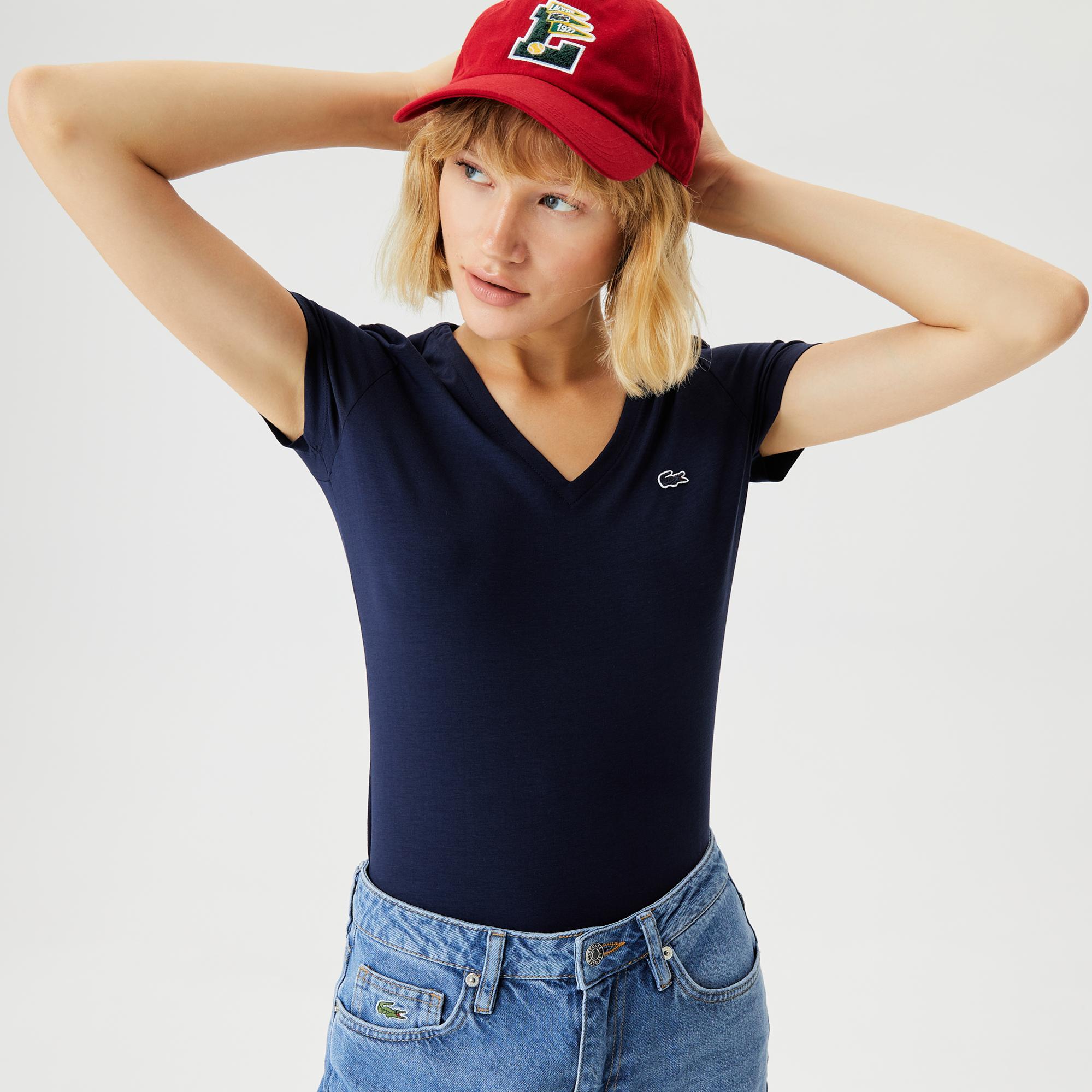 Lacoste Kadın Slim Fit V Yaka Lacivert T-Shirt