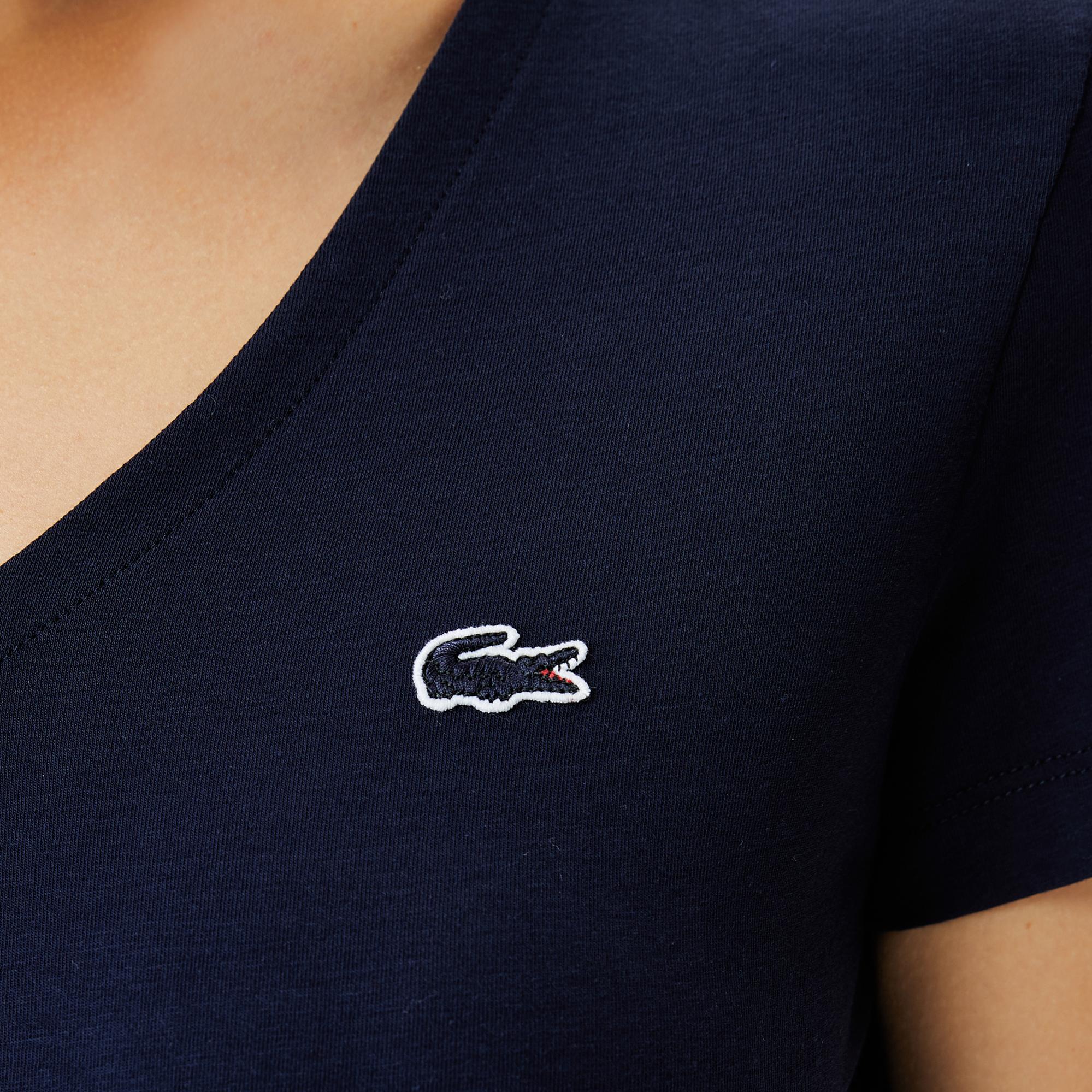 Lacoste Kadın Slim Fit V Yaka Lacivert T-Shirt