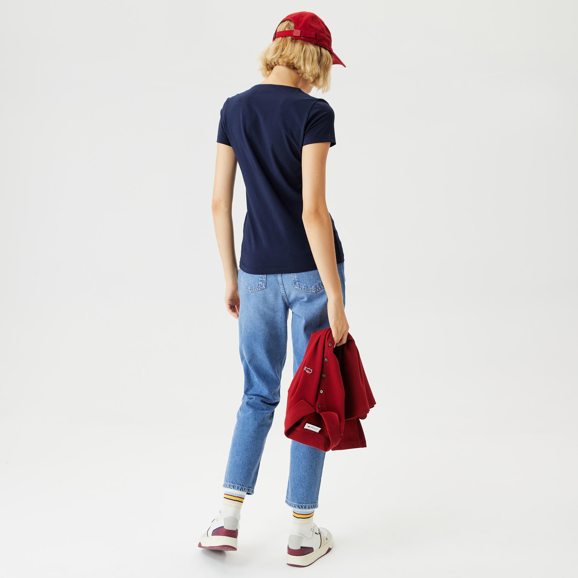 Lacoste Kadın Slim Fit V Yaka Lacivert T-Shirt