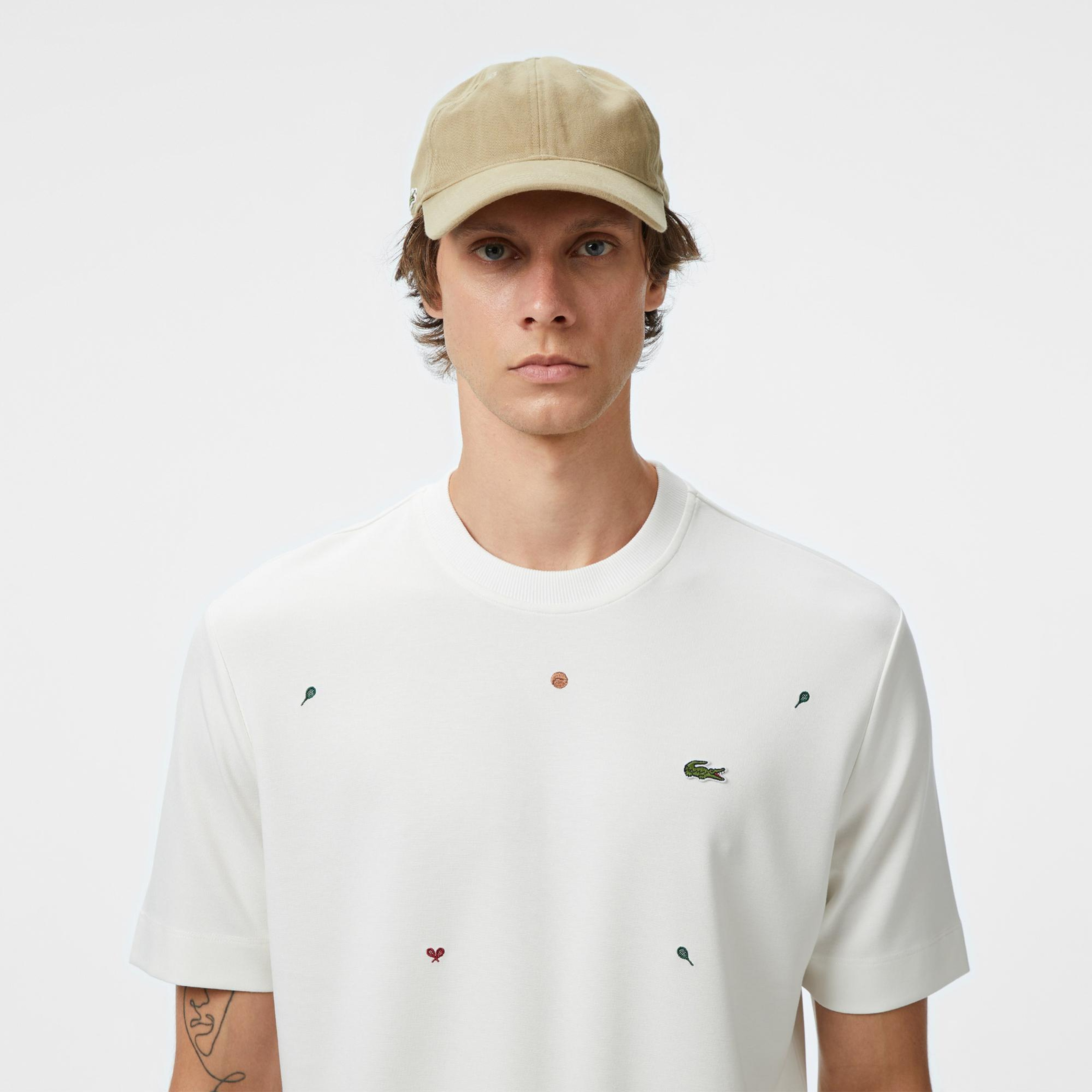 Lacoste Erkek Loose Fit Bisiklet Yaka Desenli Beyaz T-Shirt