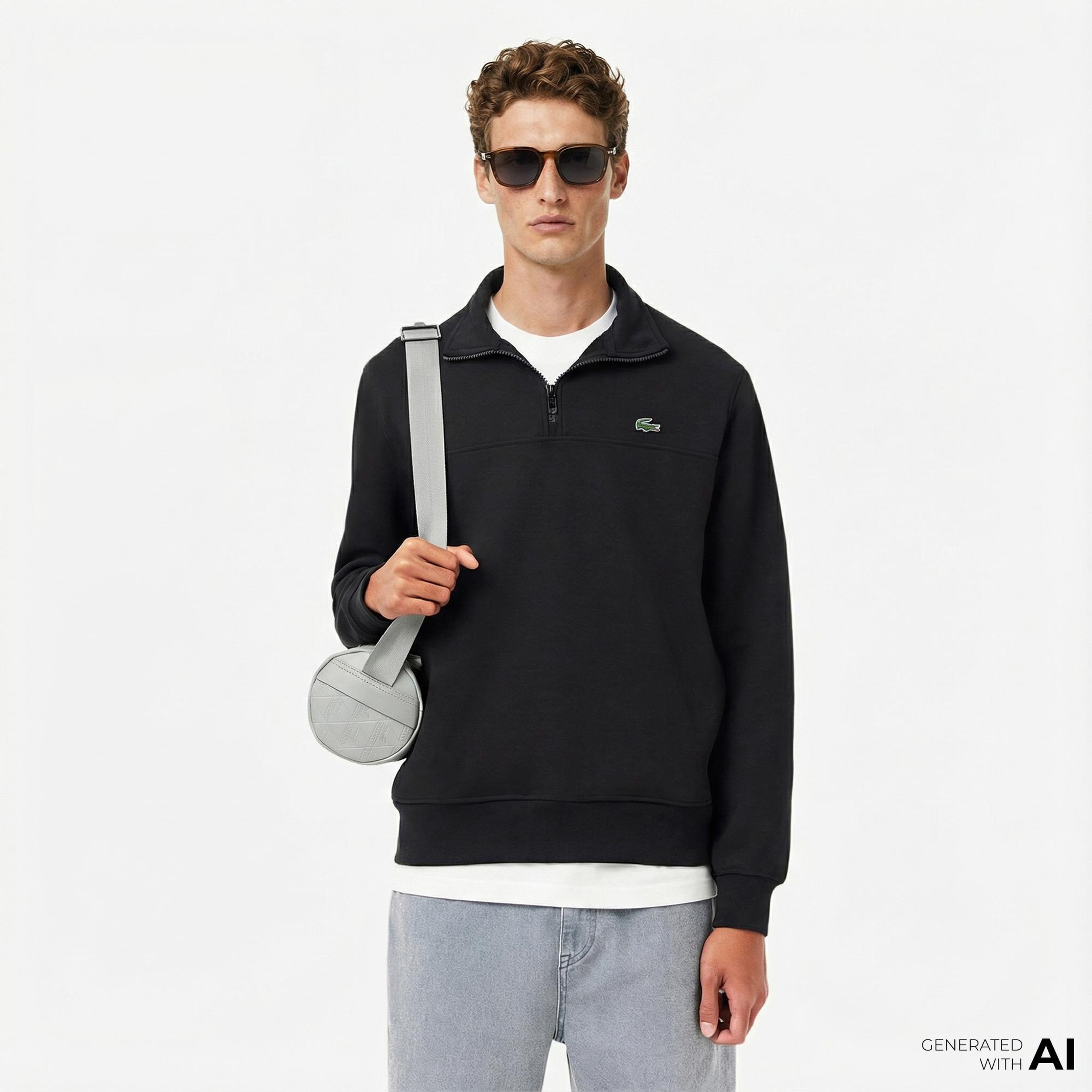 Lacoste Erkek Classic Fit Yarım Fermuarlı Siyah Sweatshirt