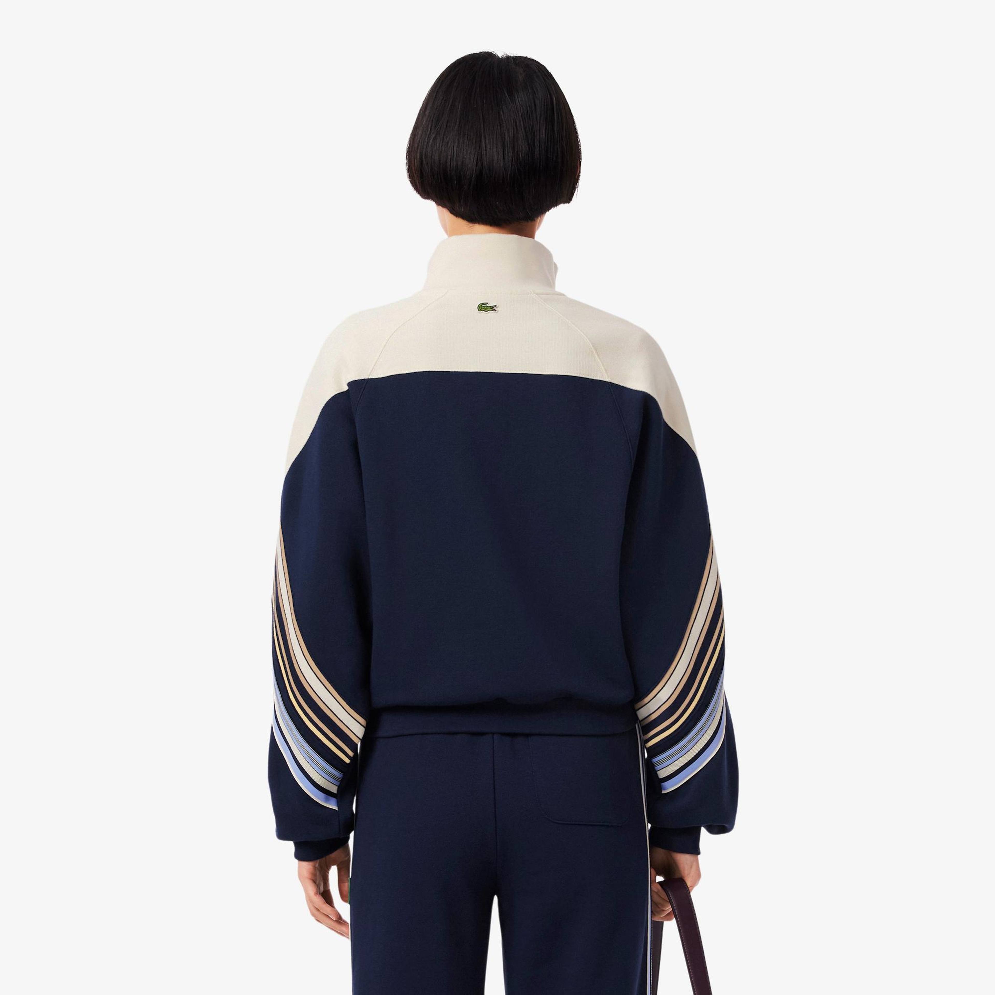 Lacoste Kadın Relaxed Fit Fermuarlı Çizgili Lacivert Sweatshirt