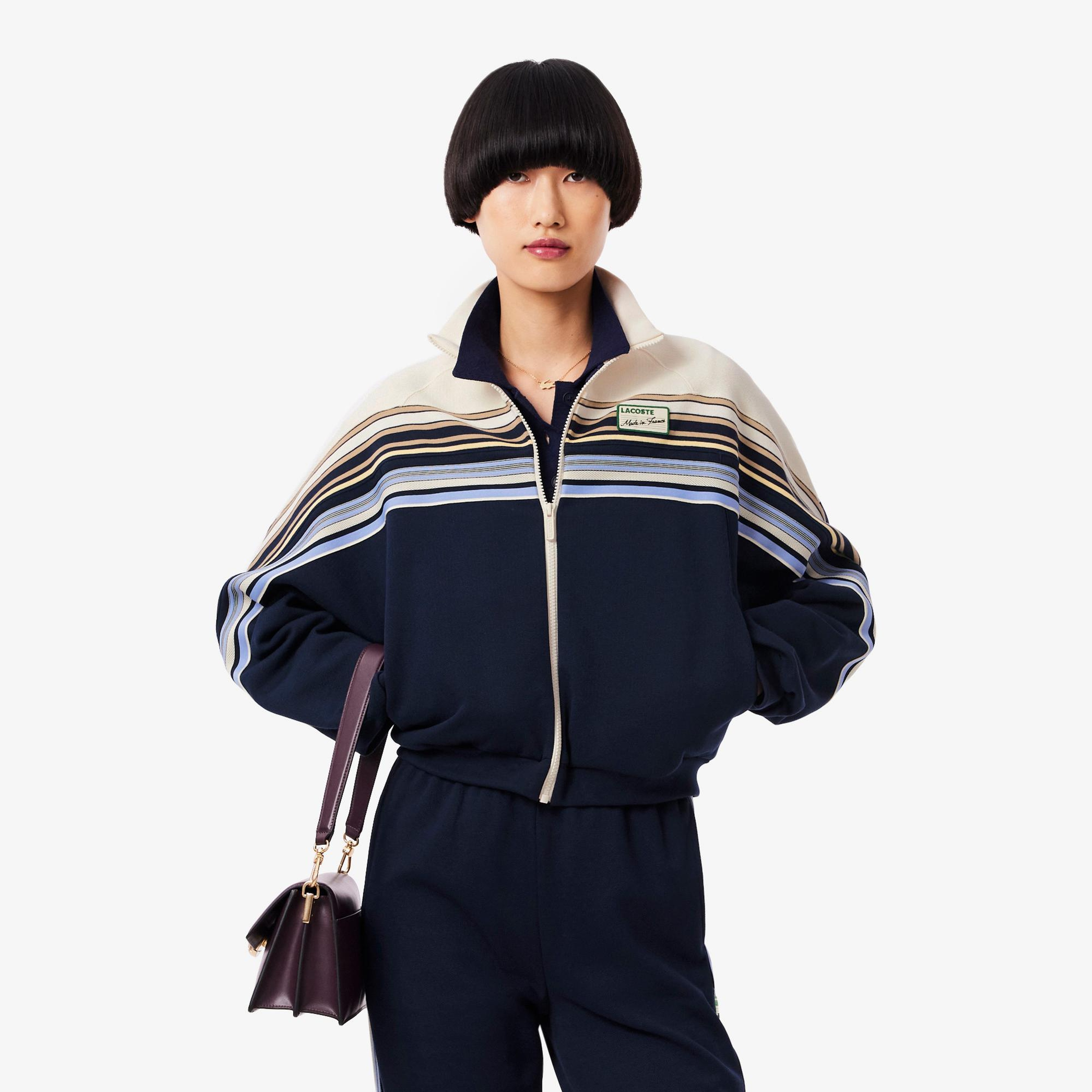 Lacoste Kadın Relaxed Fit Fermuarlı Çizgili Lacivert Sweatshirt