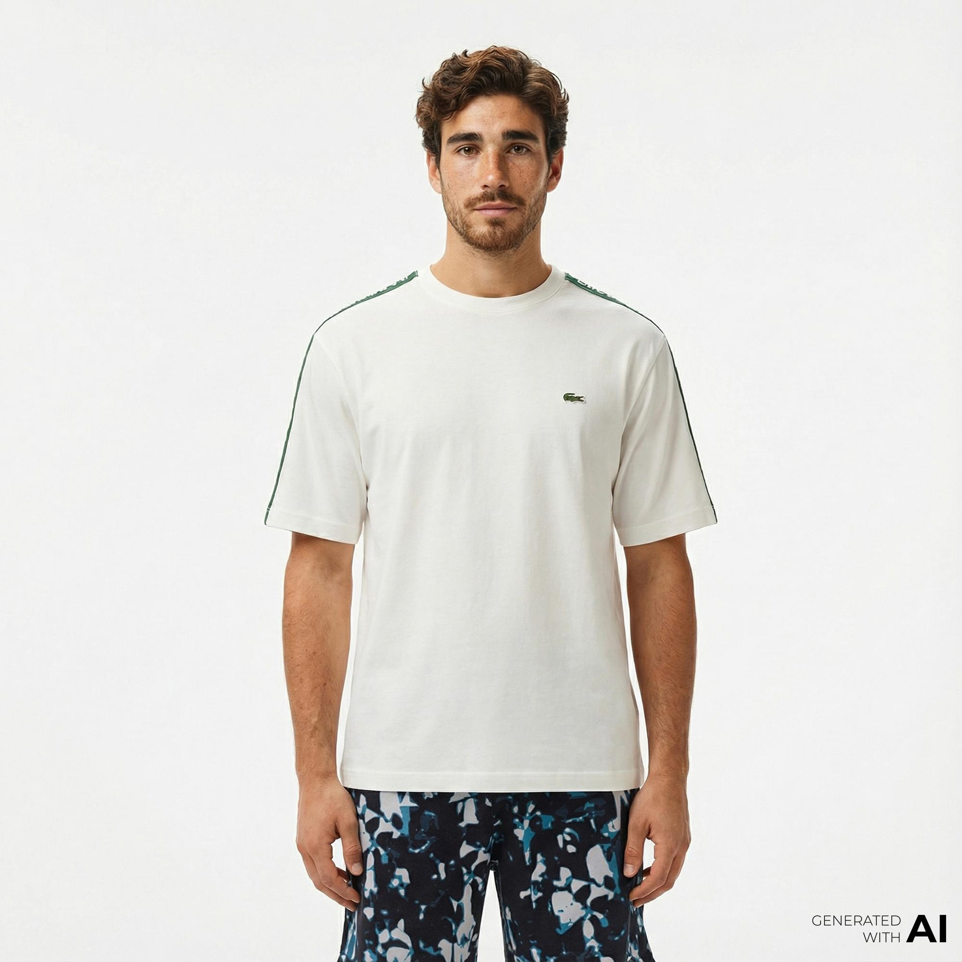 Lacoste Erkek Relaxed Fit Bisiklet Yaka Baskılı Beyaz T-Shirt