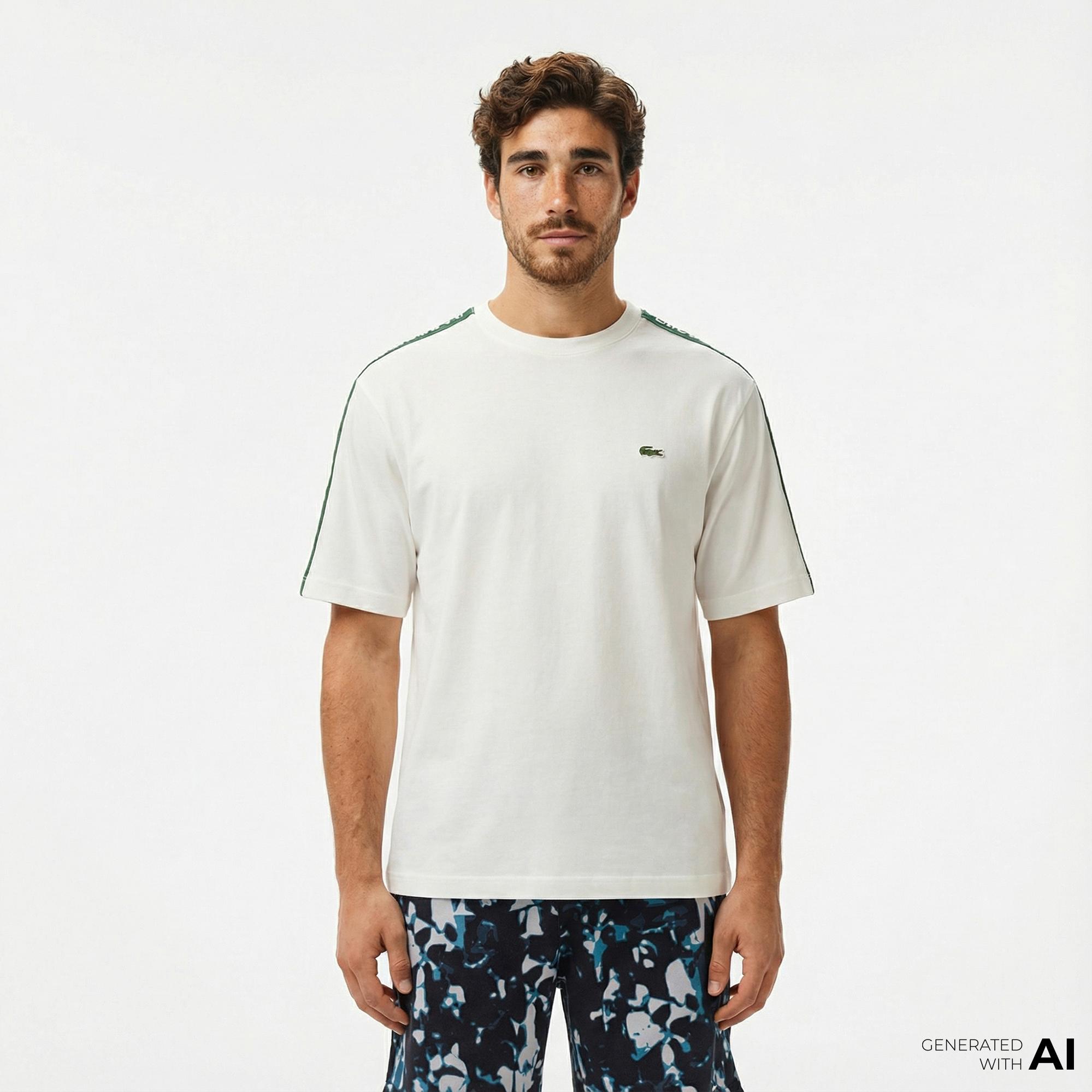 Lacoste Erkek Relaxed Fit Bisiklet Yaka Baskılı Beyaz T-Shirt