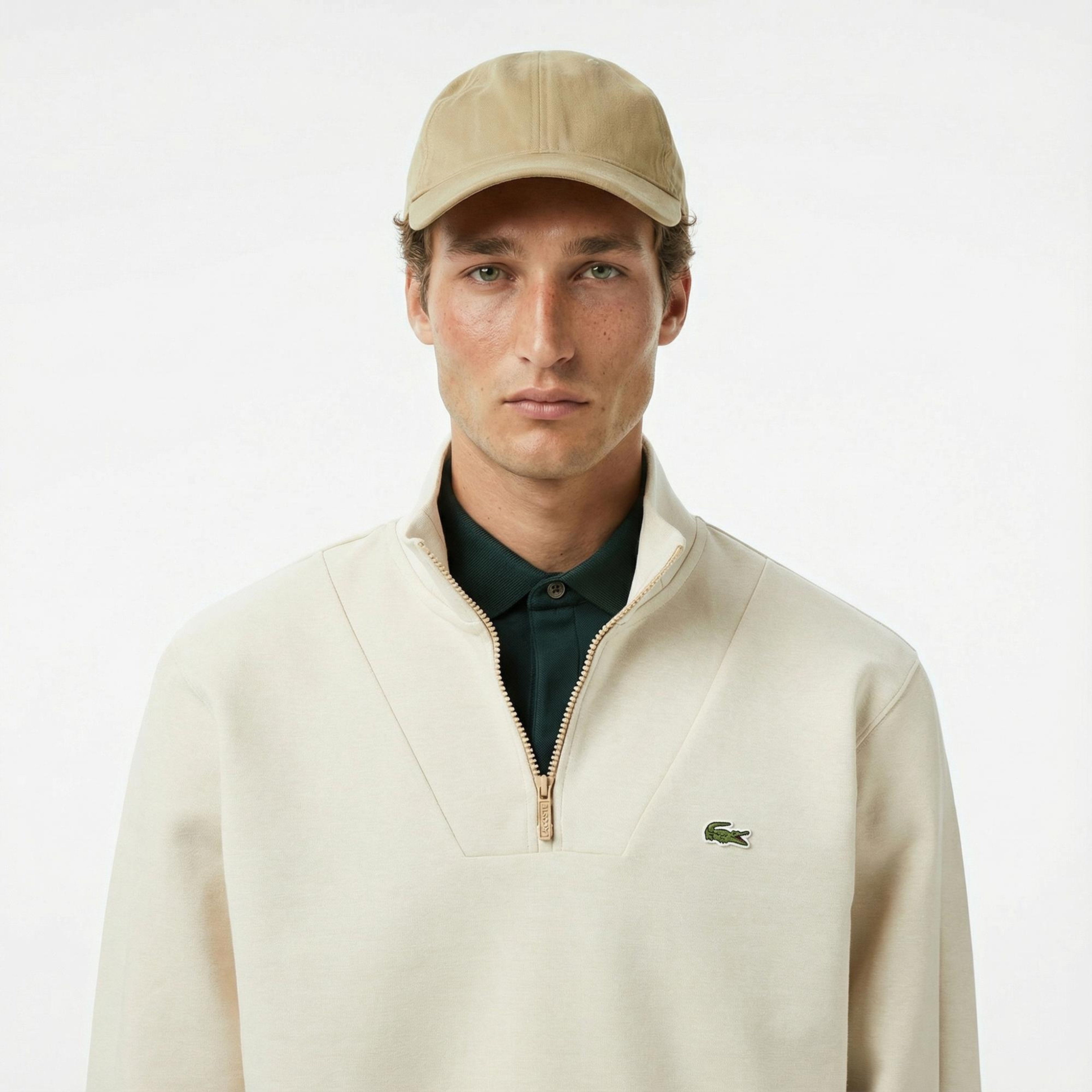 Lacoste Erkek Classic Fit Yarım Fermuarlı Krem Sweatshirt