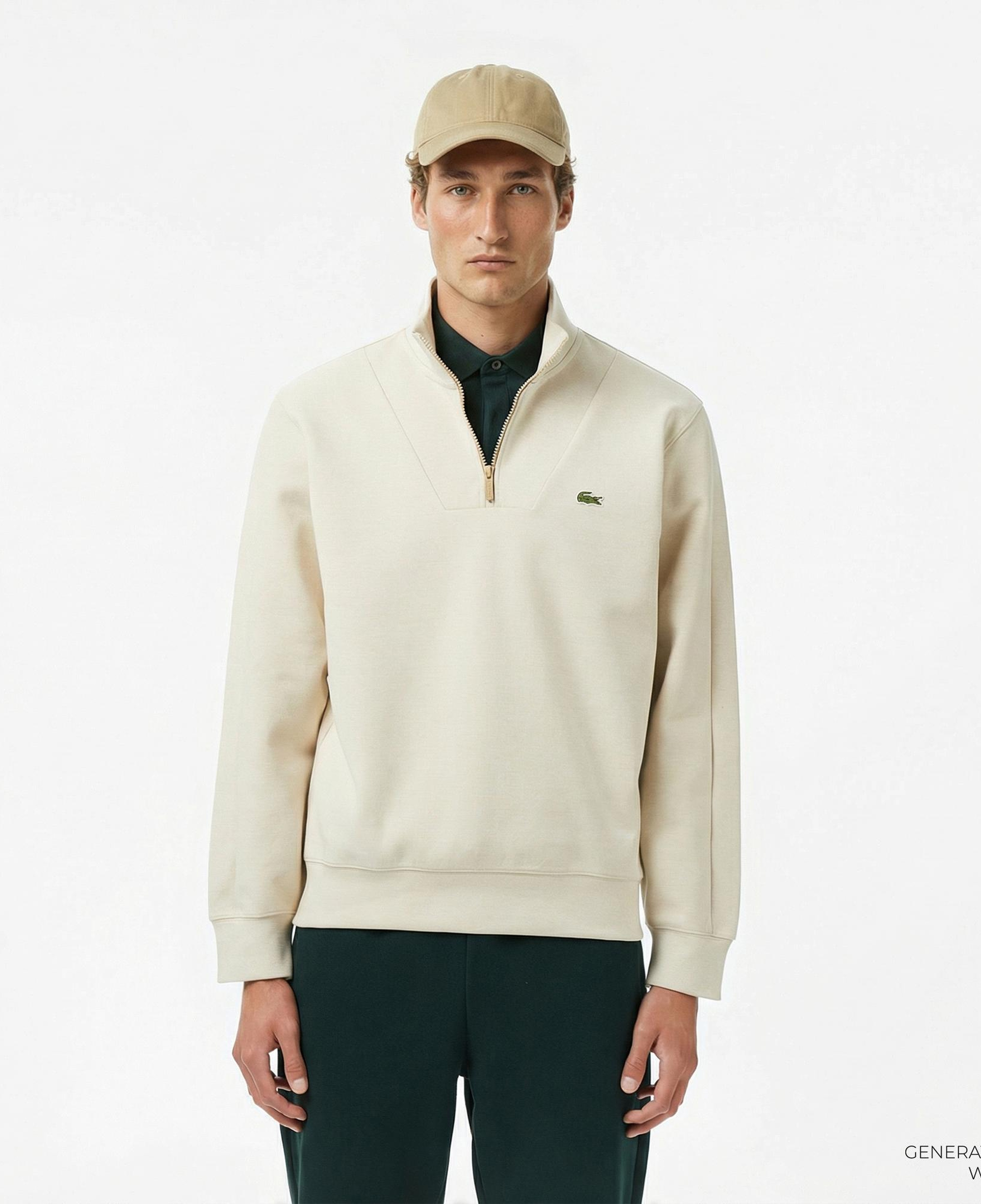 Lacoste Erkek Classic Fit Yarım Fermuarlı Krem Sweatshirt