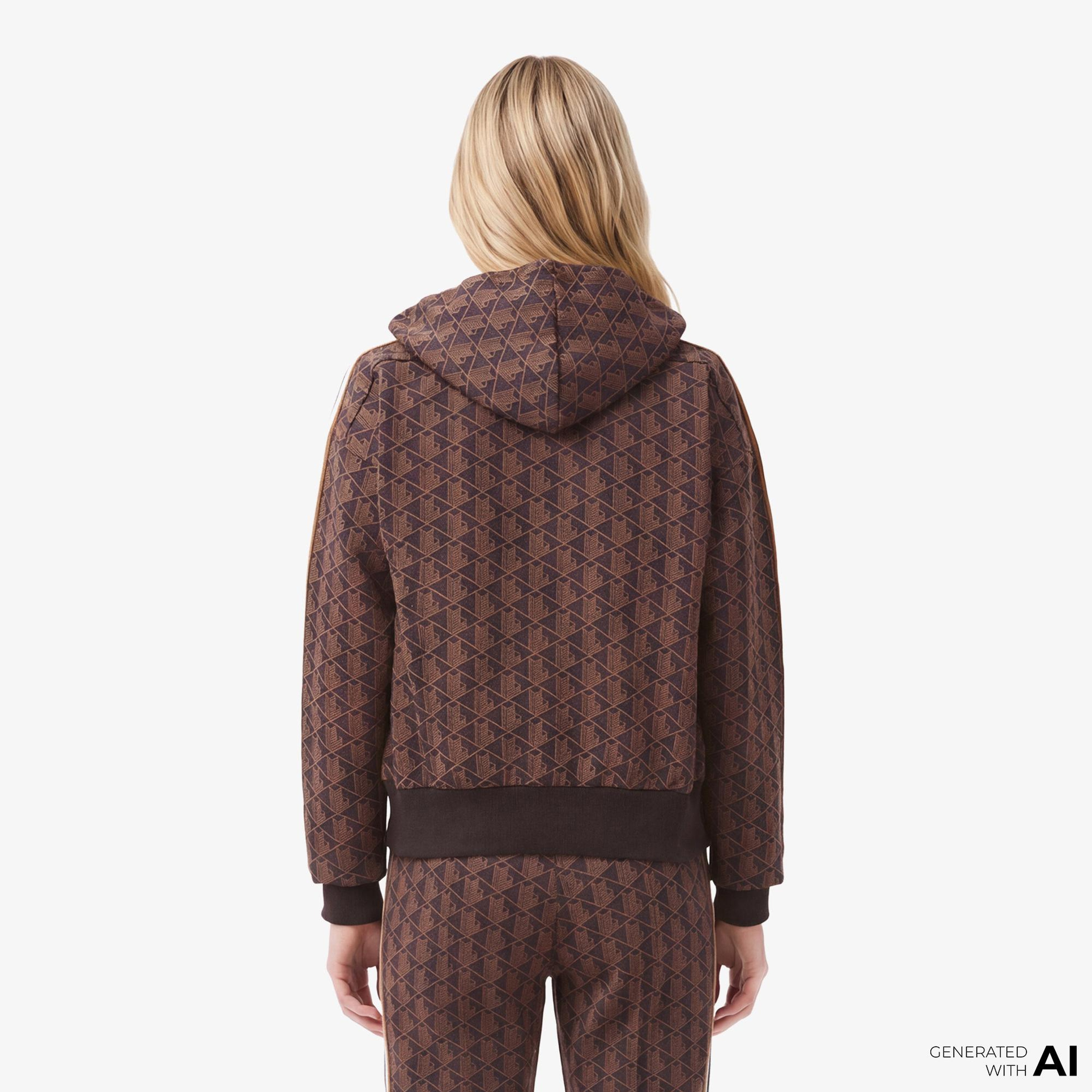 Lacoste Kadın Regular Fit Kapüşonlu Monogram Kahverengi Sweatshirt