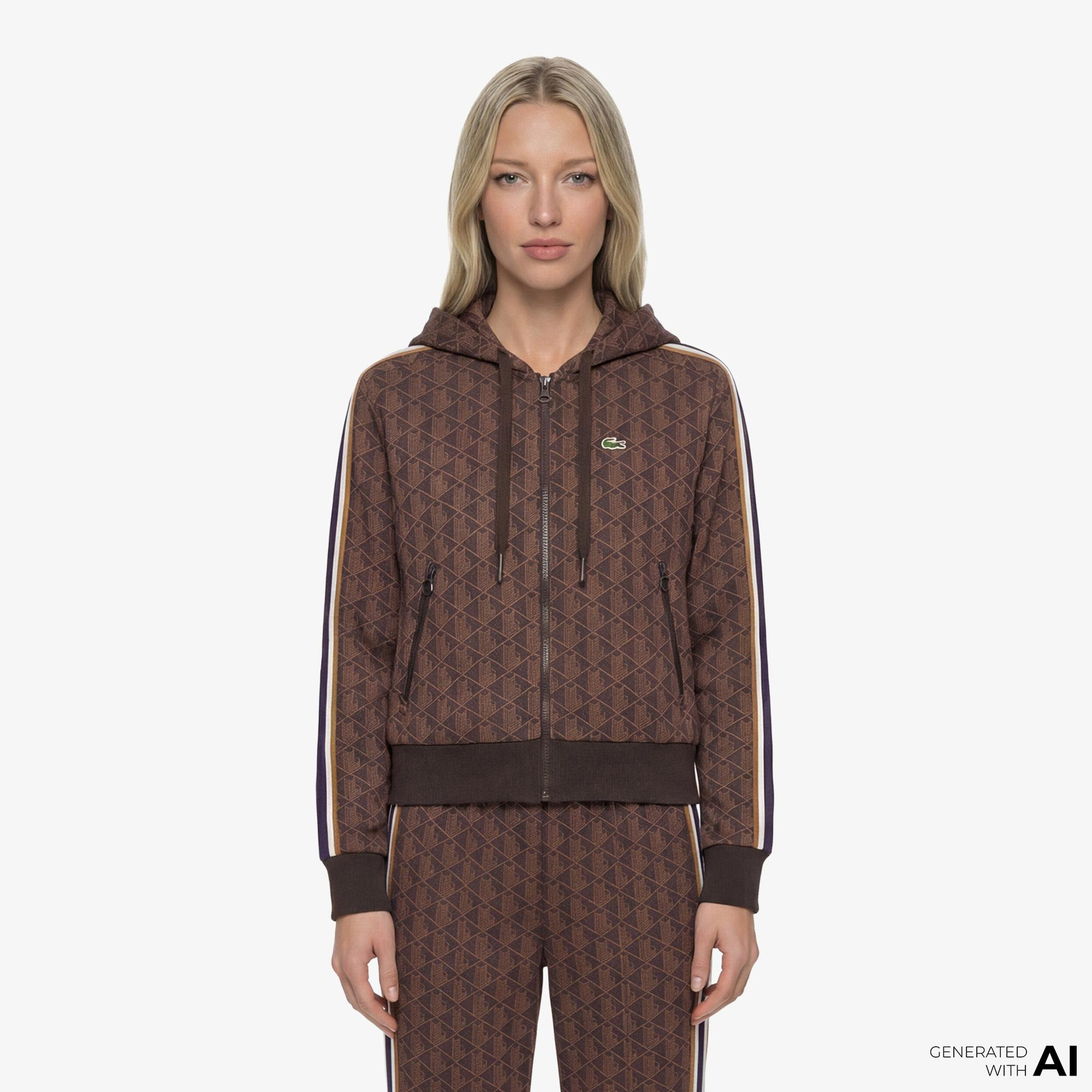 Lacoste Kadın Regular Fit Kapüşonlu Monogram Kahverengi Sweatshirt