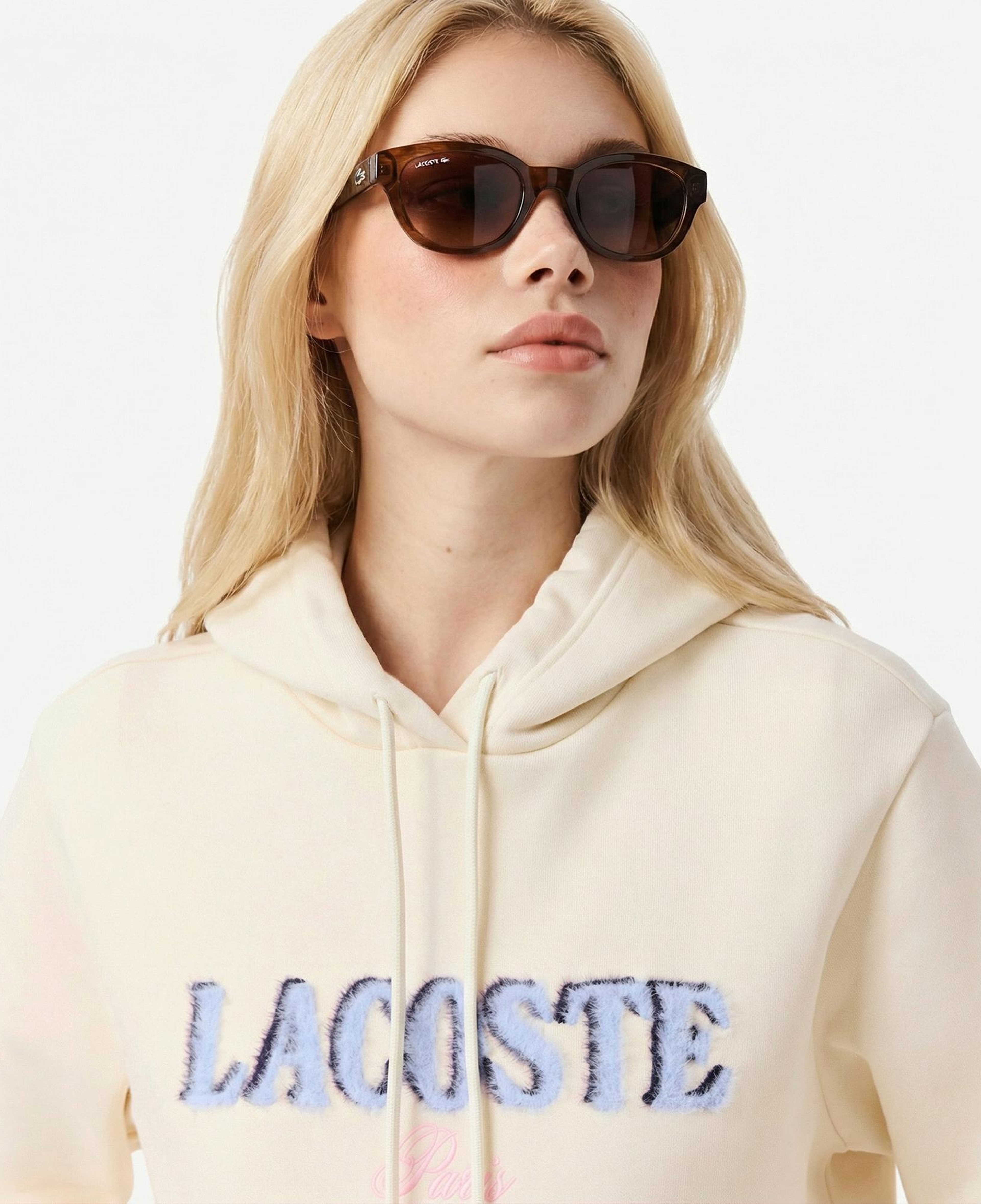 Lacoste Kadın Relaxed Fit Kapüşonlu Baskılı Krem Sweatshirt