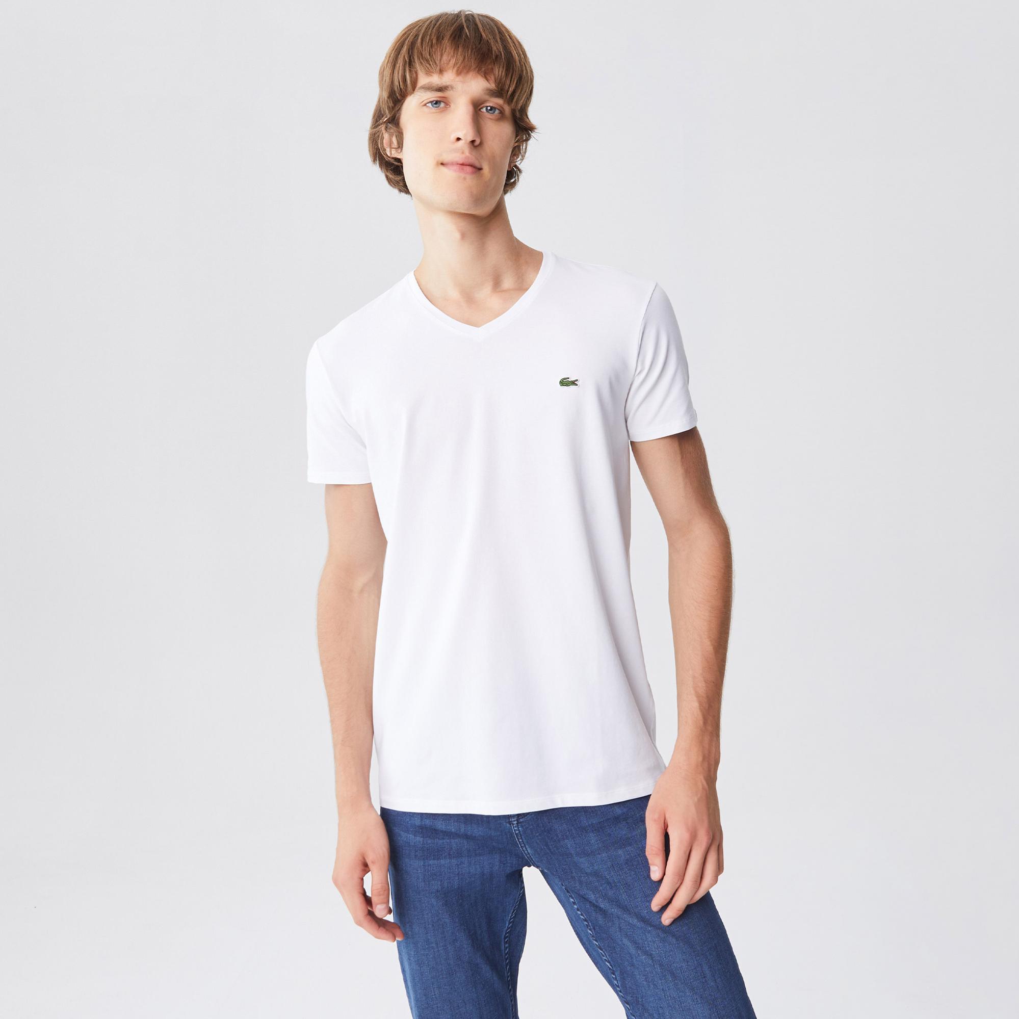 Erkek Slim Fit V Yaka Beyaz T-Shirt
