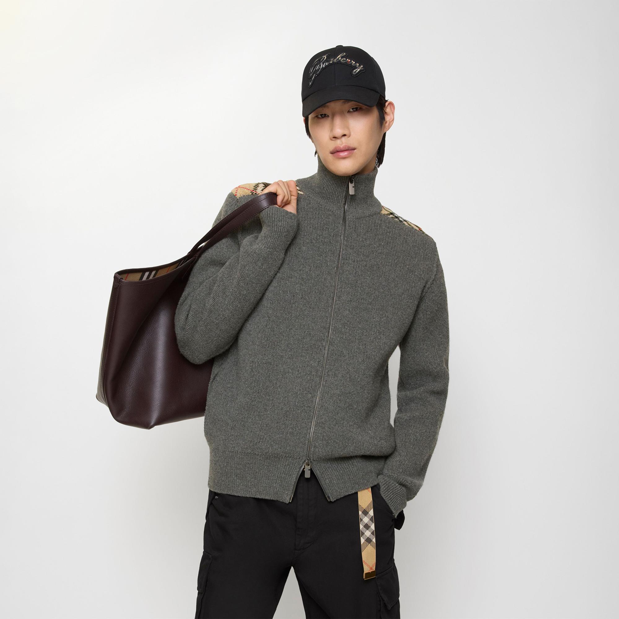 Burberry Check Trim Wool Cashmere Erkek Gri Trıko