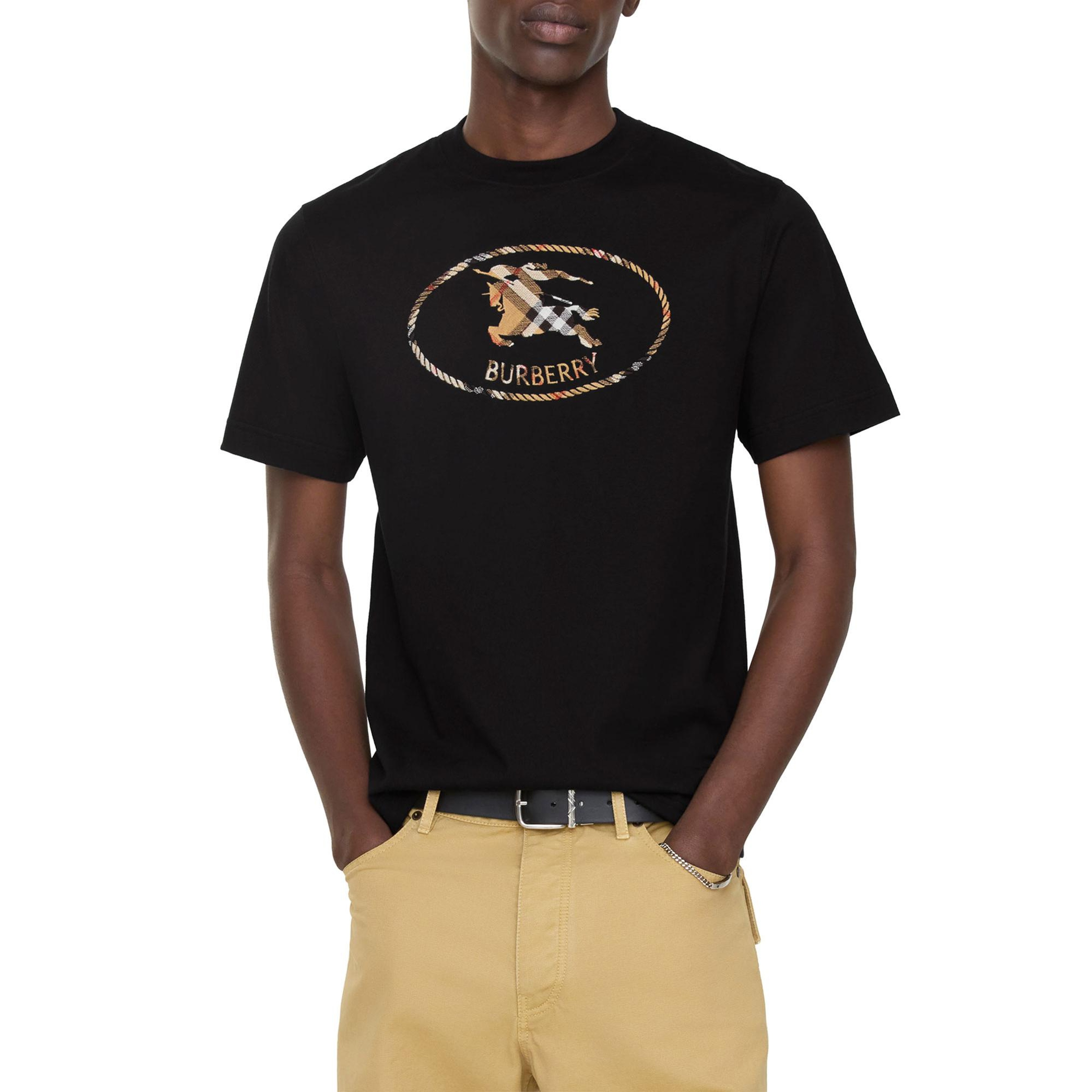 Burberry Check Knight Stamp Cotton Erkek Siyah T-Shirt