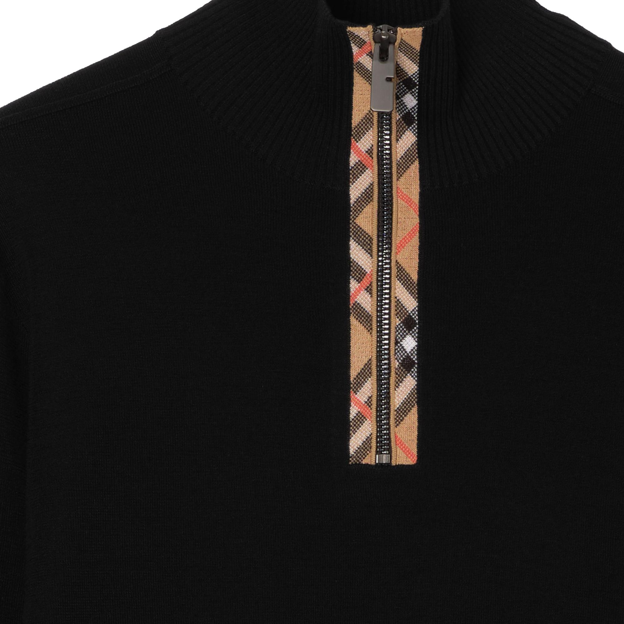 Burberry Check Trim Wool Half-Zip Erkek Siyah Trıko