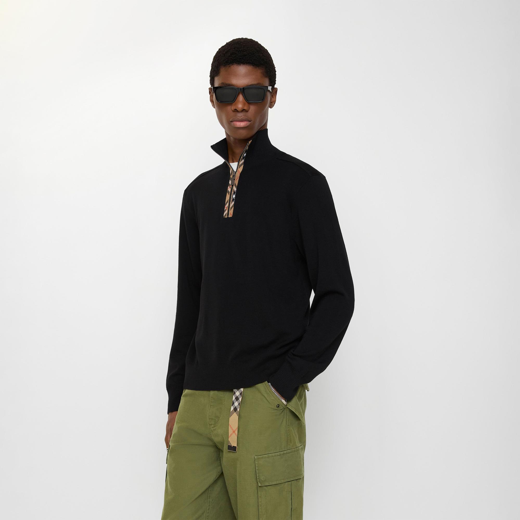 Burberry Check Trim Wool Half-Zip Erkek Siyah Trıko