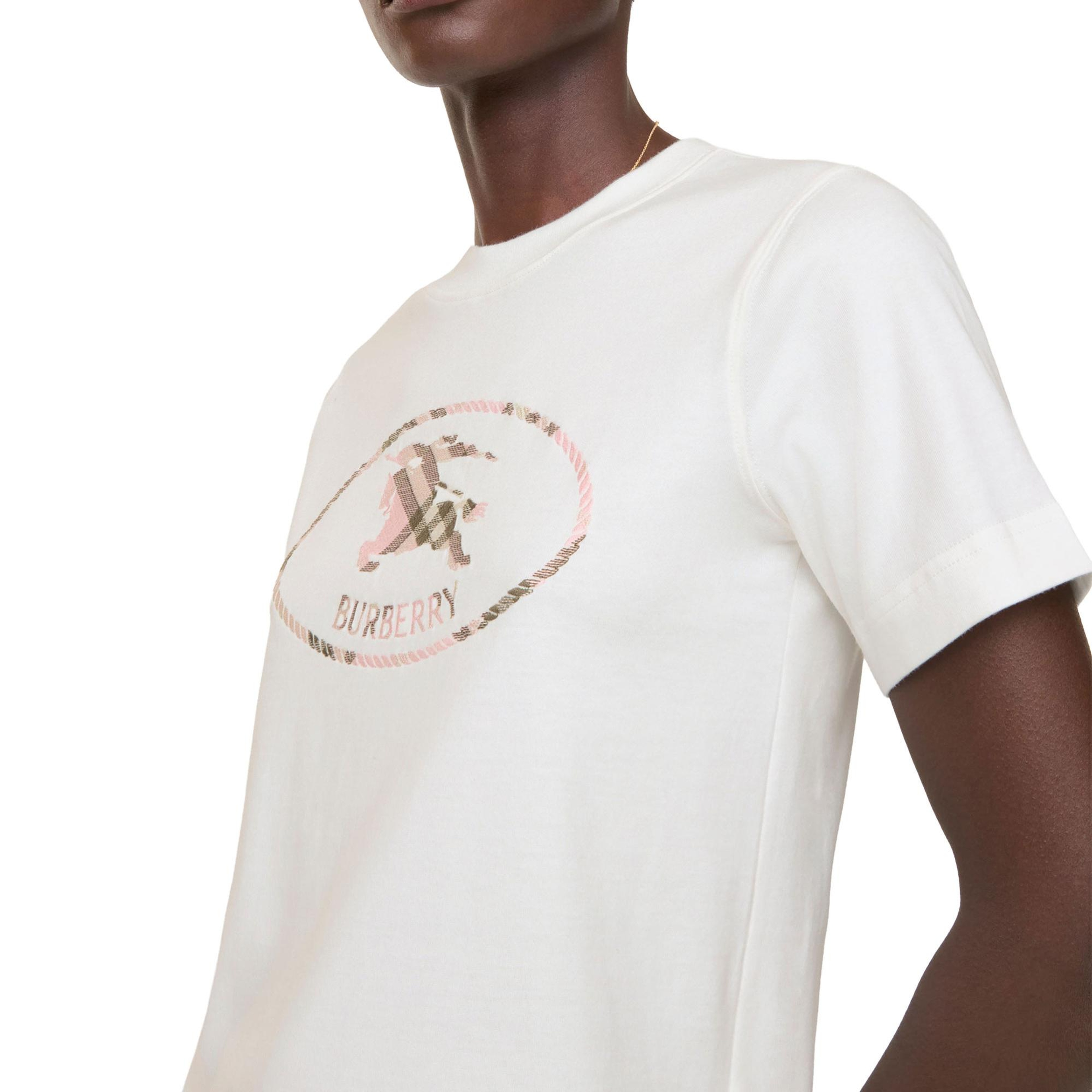 Burberry Check Knight Stamp Cotton Kadın Beyaz T-Shirt