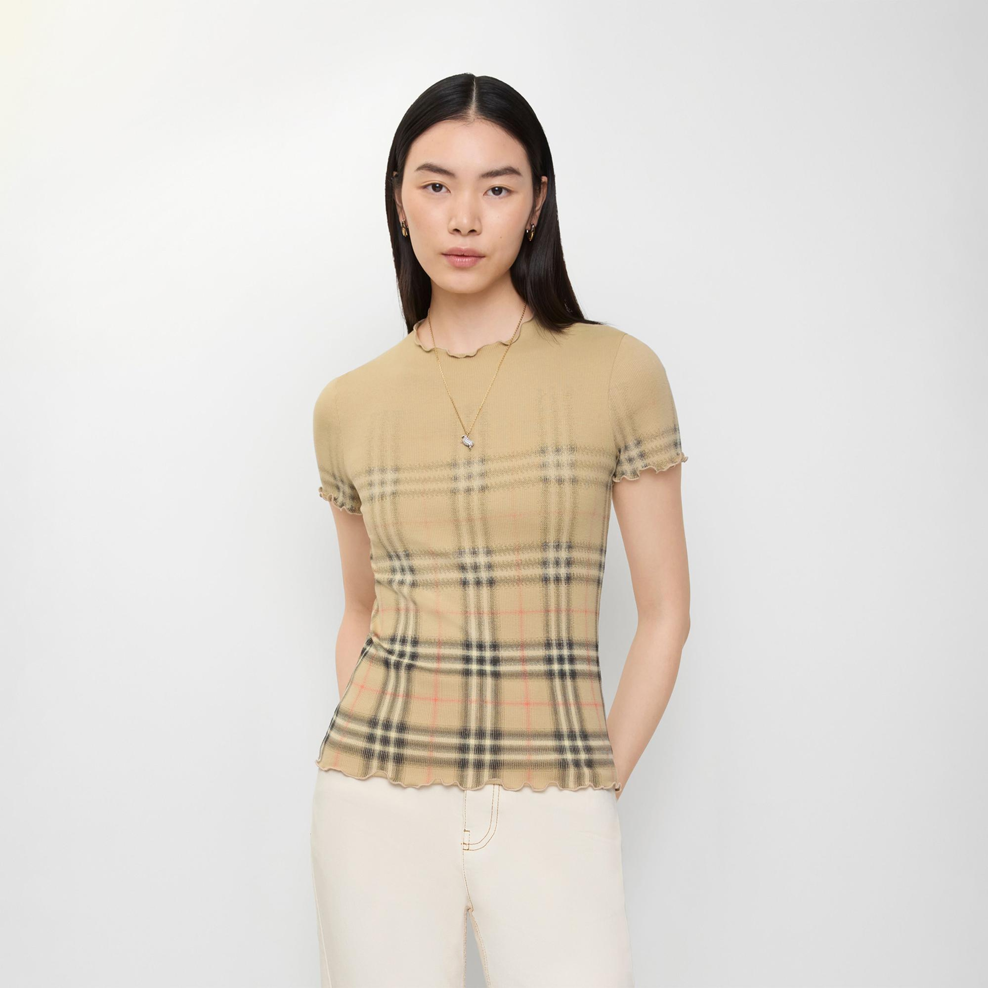 Burberry Gradient Check Stretch Cotton Kadın Bej T-Shirt
