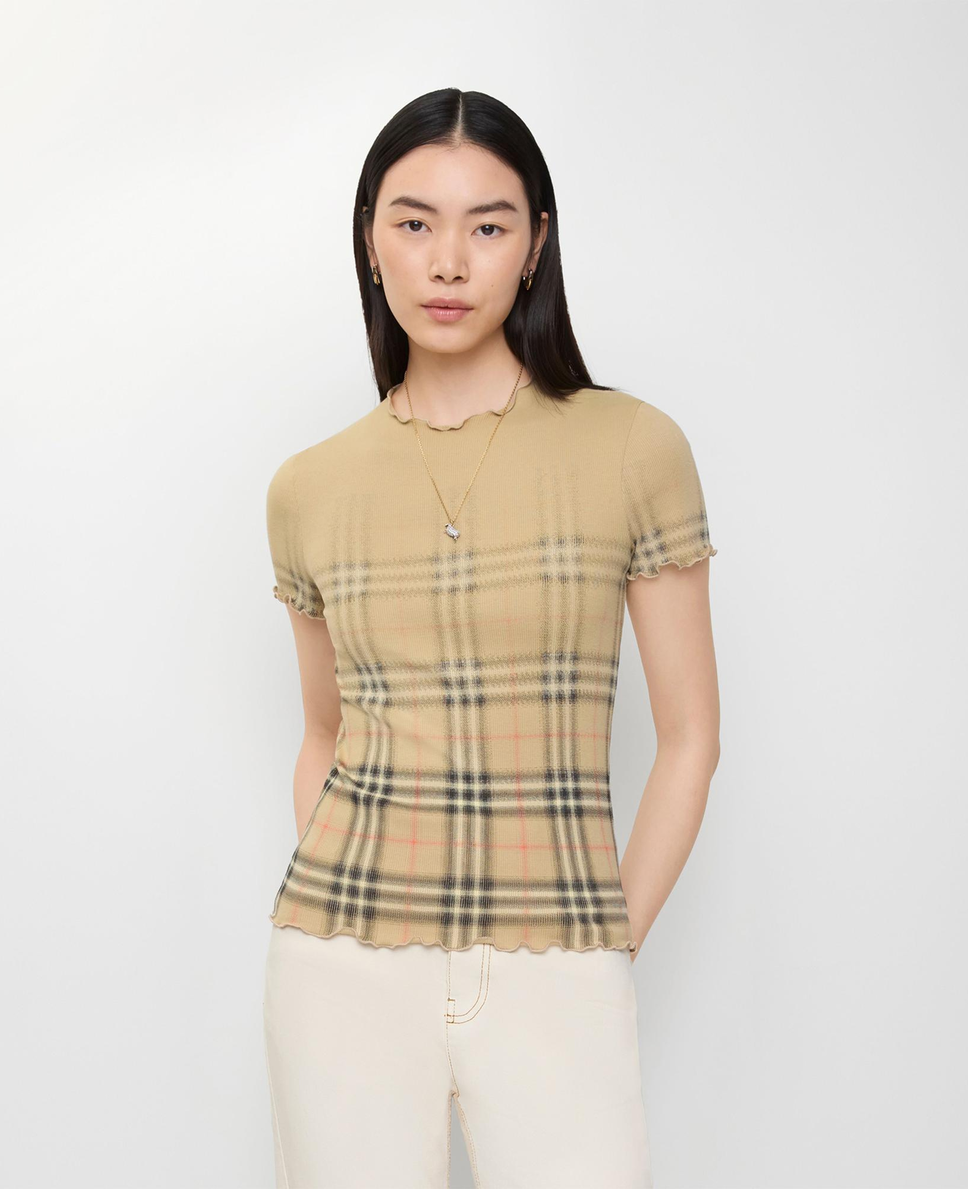 Burberry Gradient Check Stretch Cotton Kadın Bej T-Shirt