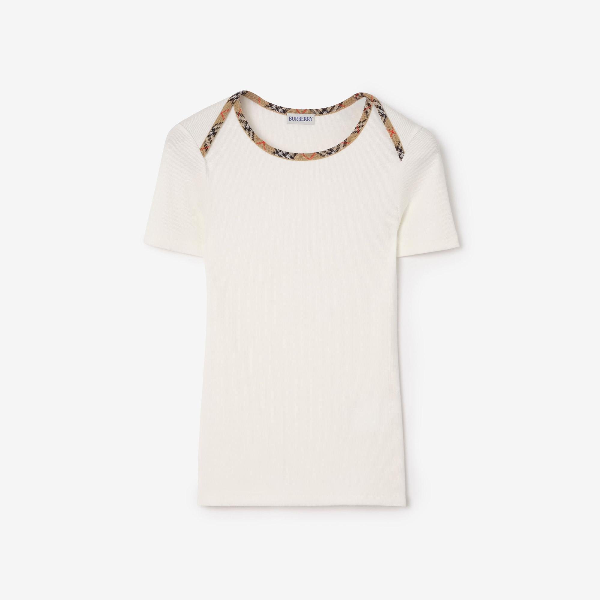 Burberry Check Trim Stretch Cotton Kadın Beyaz T-Shirt