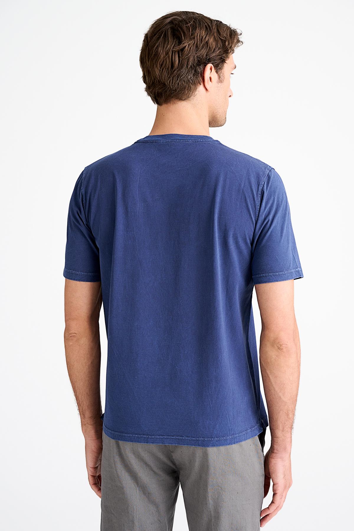 Erkek Mavi Bisiklet Yaka T-Shirt