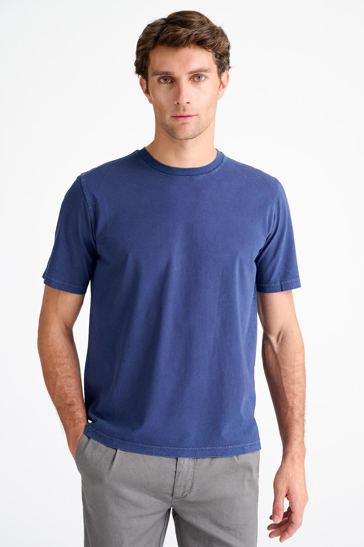 Erkek Mavi Bisiklet Yaka T-Shirt