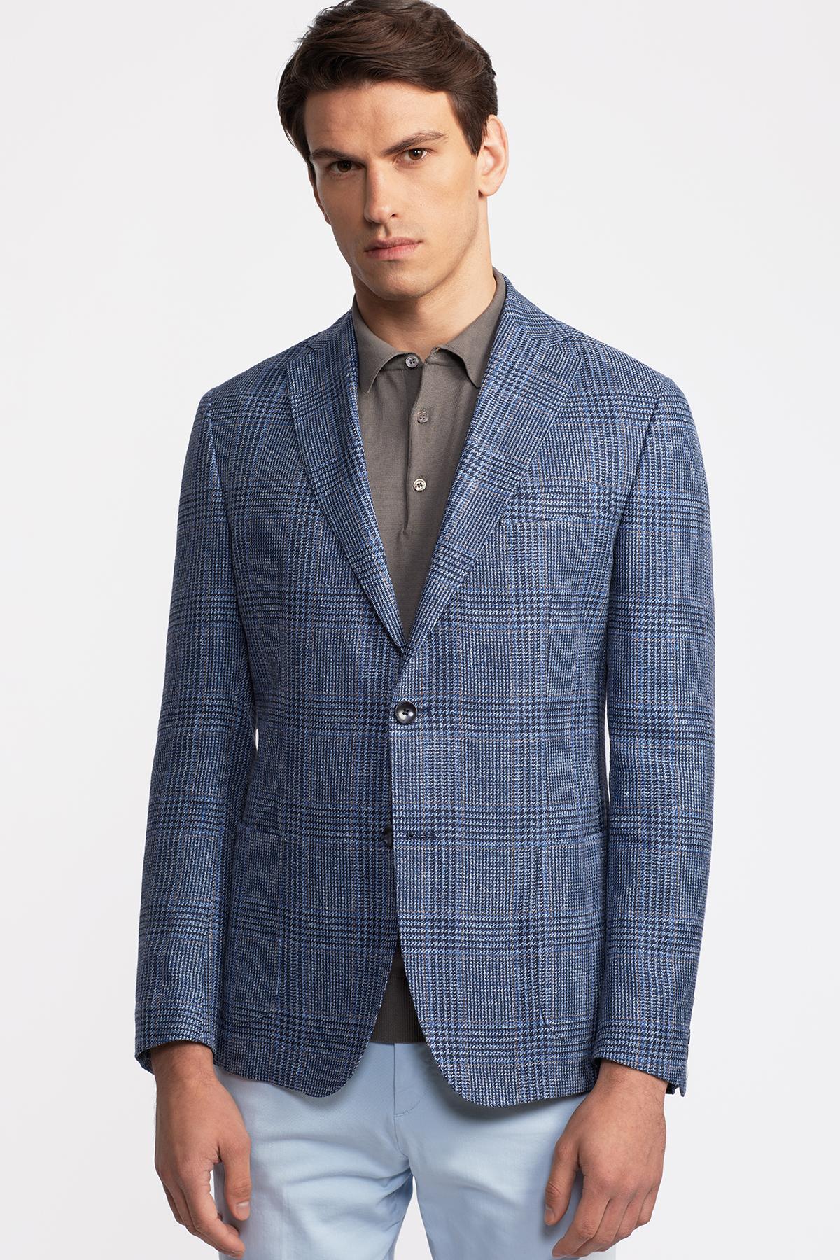 Erkek Lacivert Vitale Barberis Keten İpek Karışımlı Casual Ceket