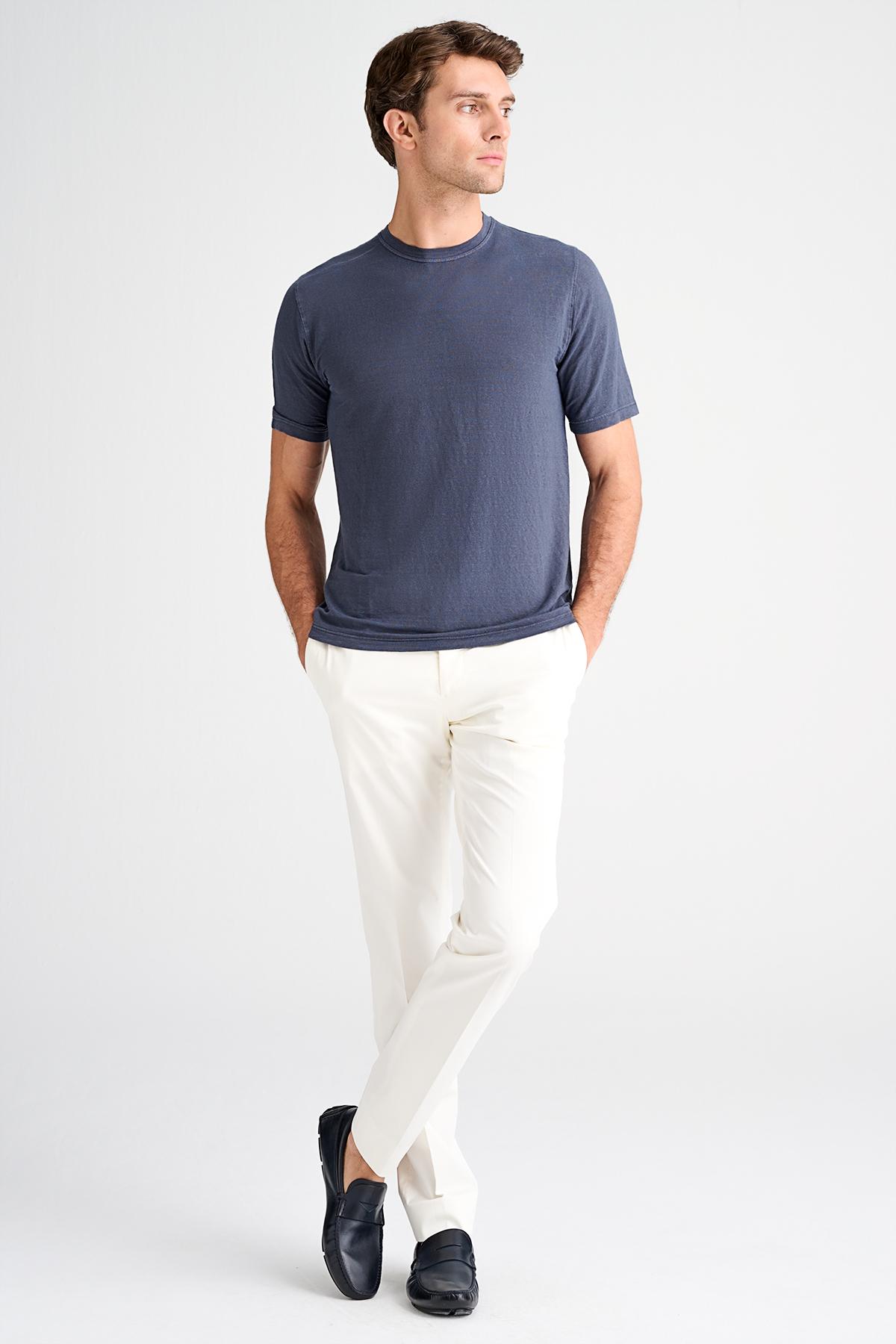 Erkek Mavi Bisiklet Yaka Keten T-Shirt