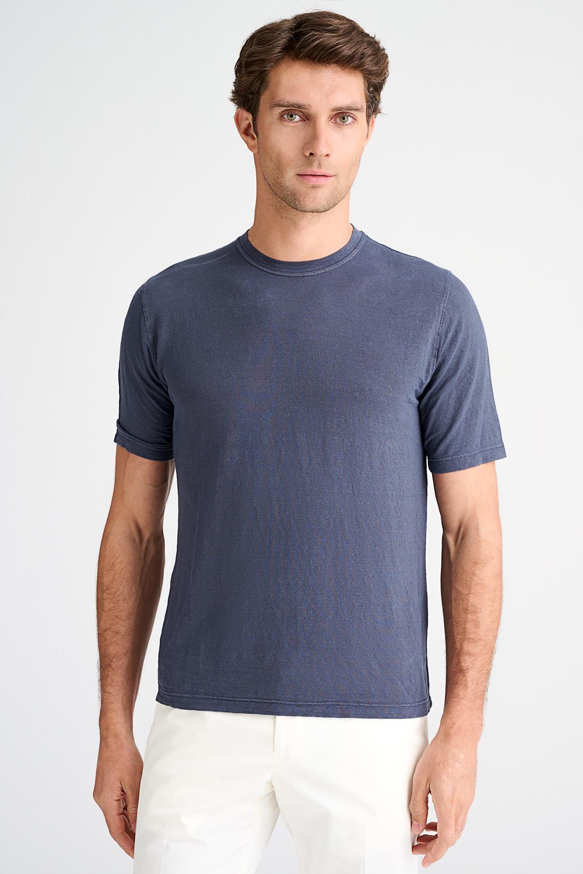 Erkek Mavi Bisiklet Yaka Keten T-Shirt