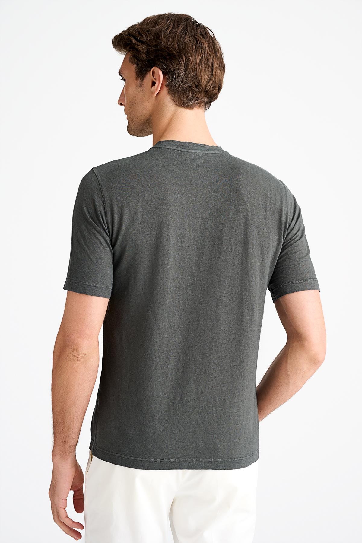 Erkek Yeşil Bisiklet Yaka Keten T-Shirt